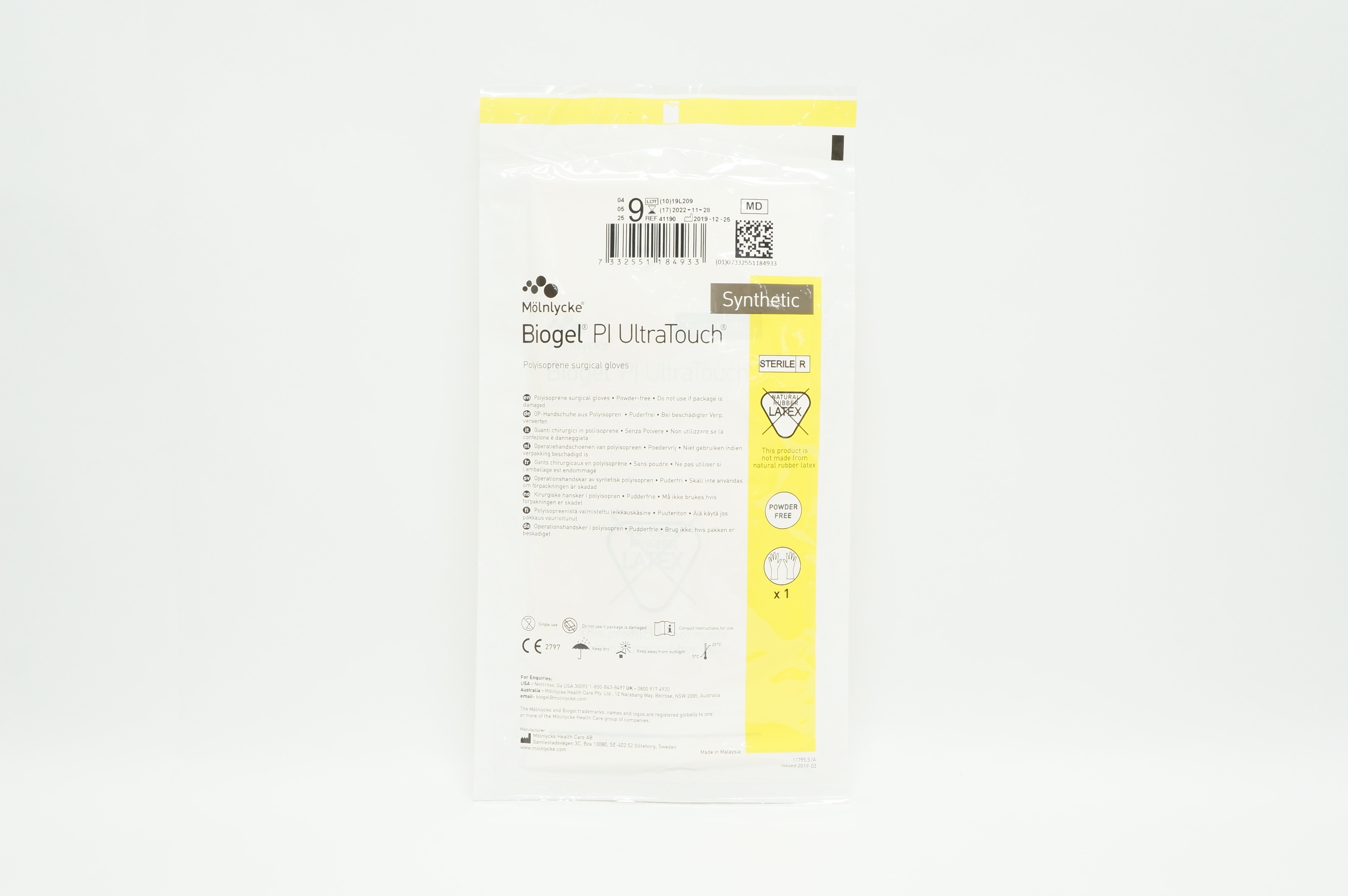 Molnlycke Health Care 41190 Biogel Pl UltraTouch Gloves Synthetic 9