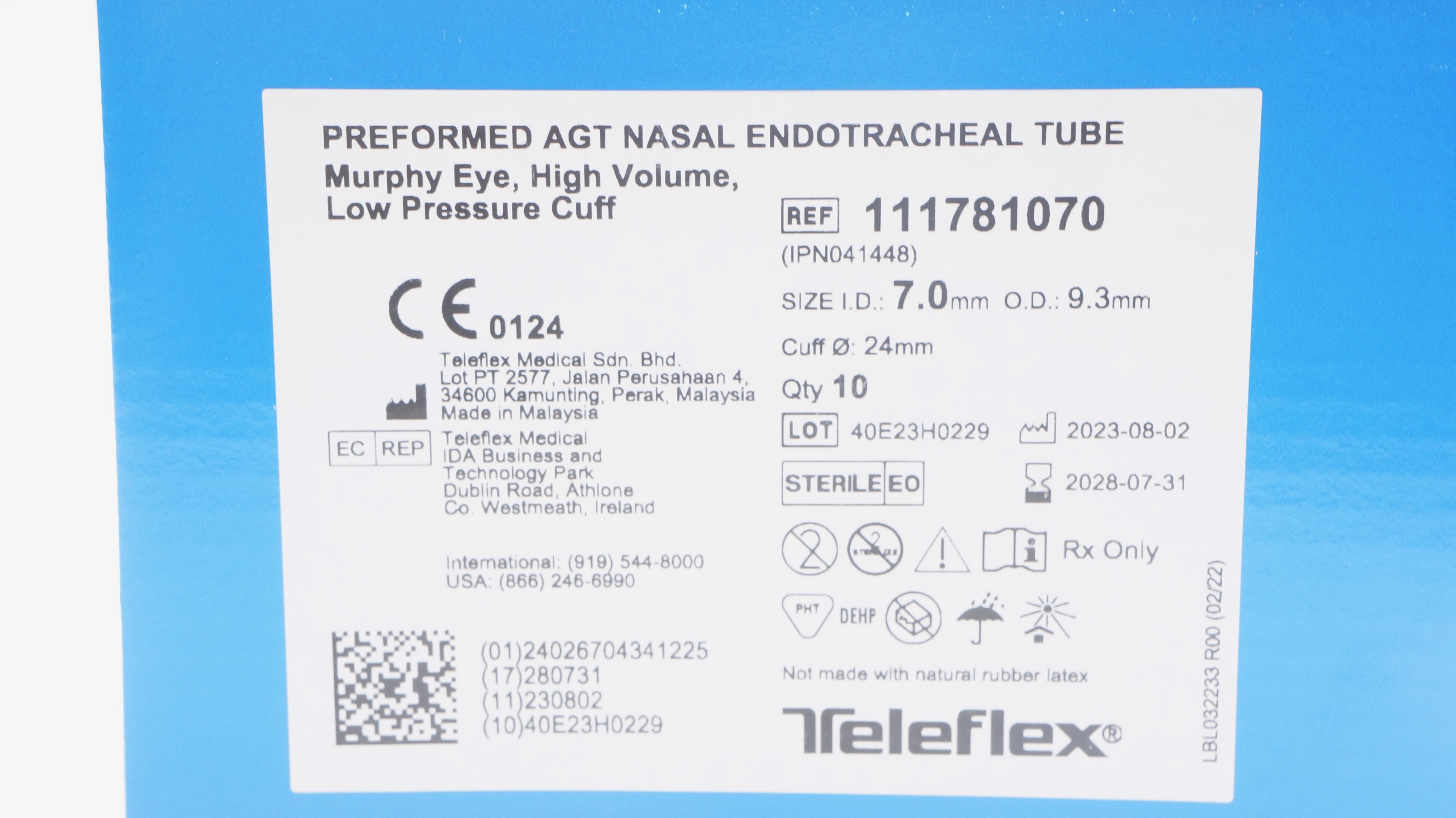 Teleflex 111781070 Rusch Nasal Endotracheal Tube 7.0 x 9.3 x 24mm - Box of 10