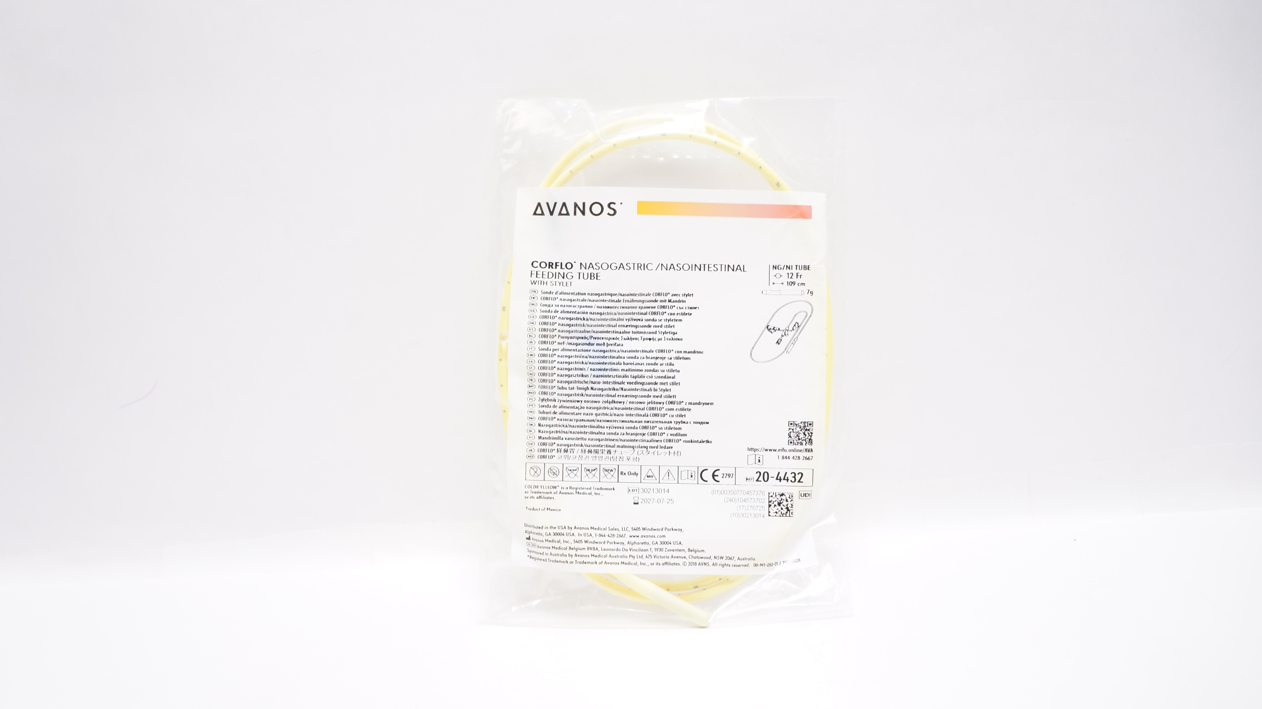 Avanos 20-4432 Corflo Nasogastric/Nasointestinal Feeding Tube 12Fr x 109cm
