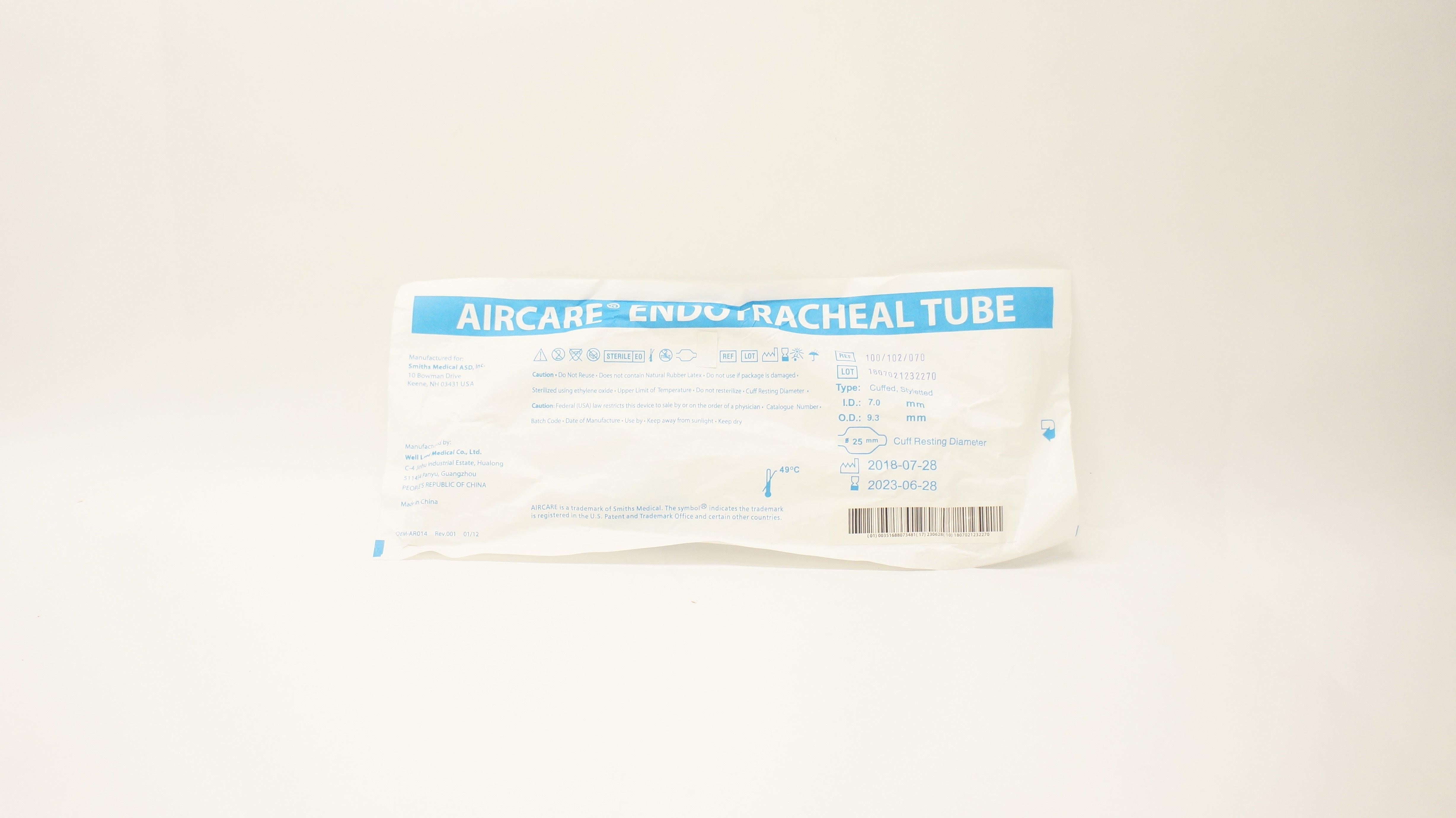 Smiths Medical 100/102/070 Aircare Endotracheal Tube 7.0mm x 9.3mm x 25mm