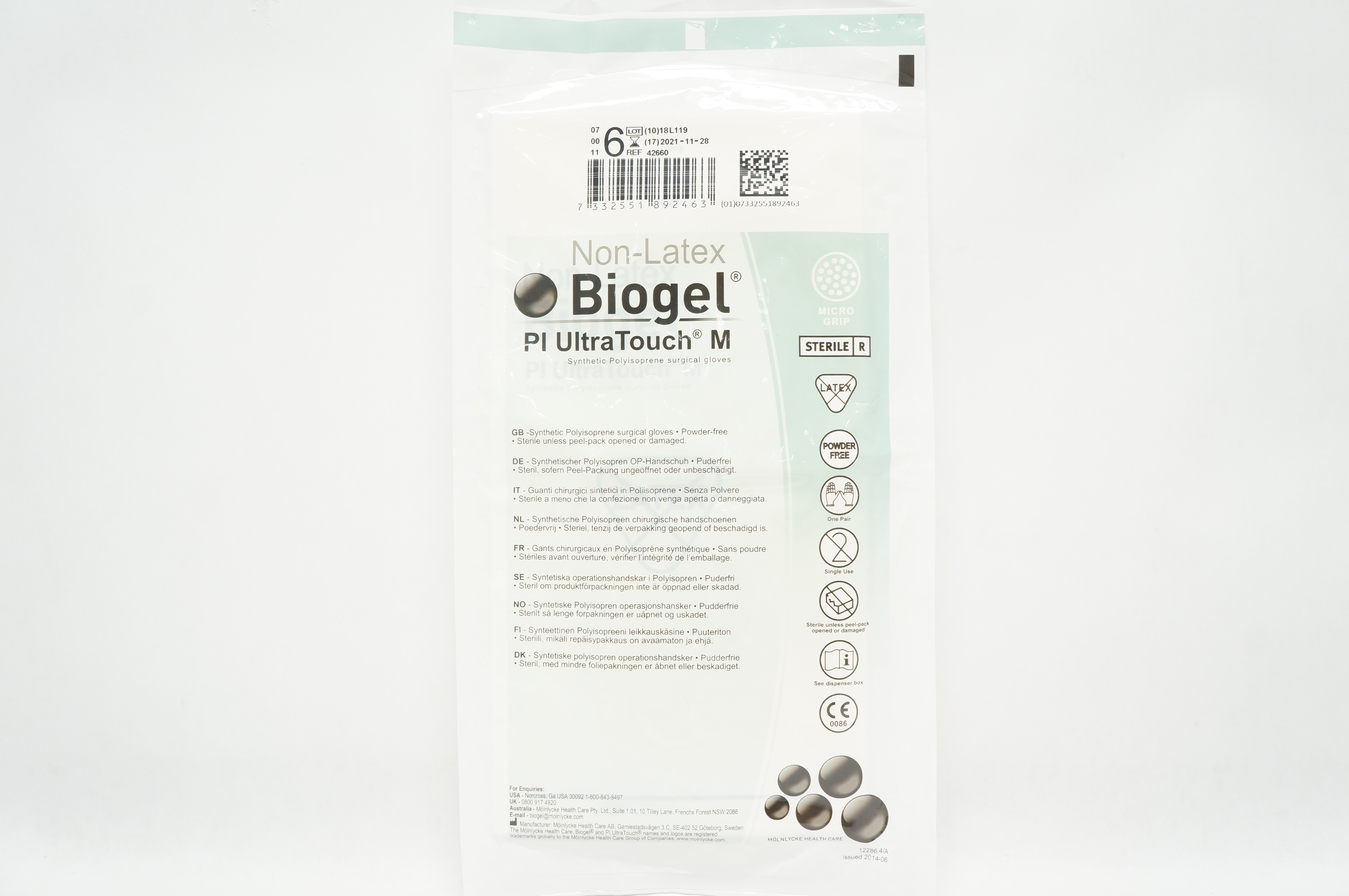 Molnlycke Healthcare 42660 Biogel PI UltraTouch M, Size 6 (x)