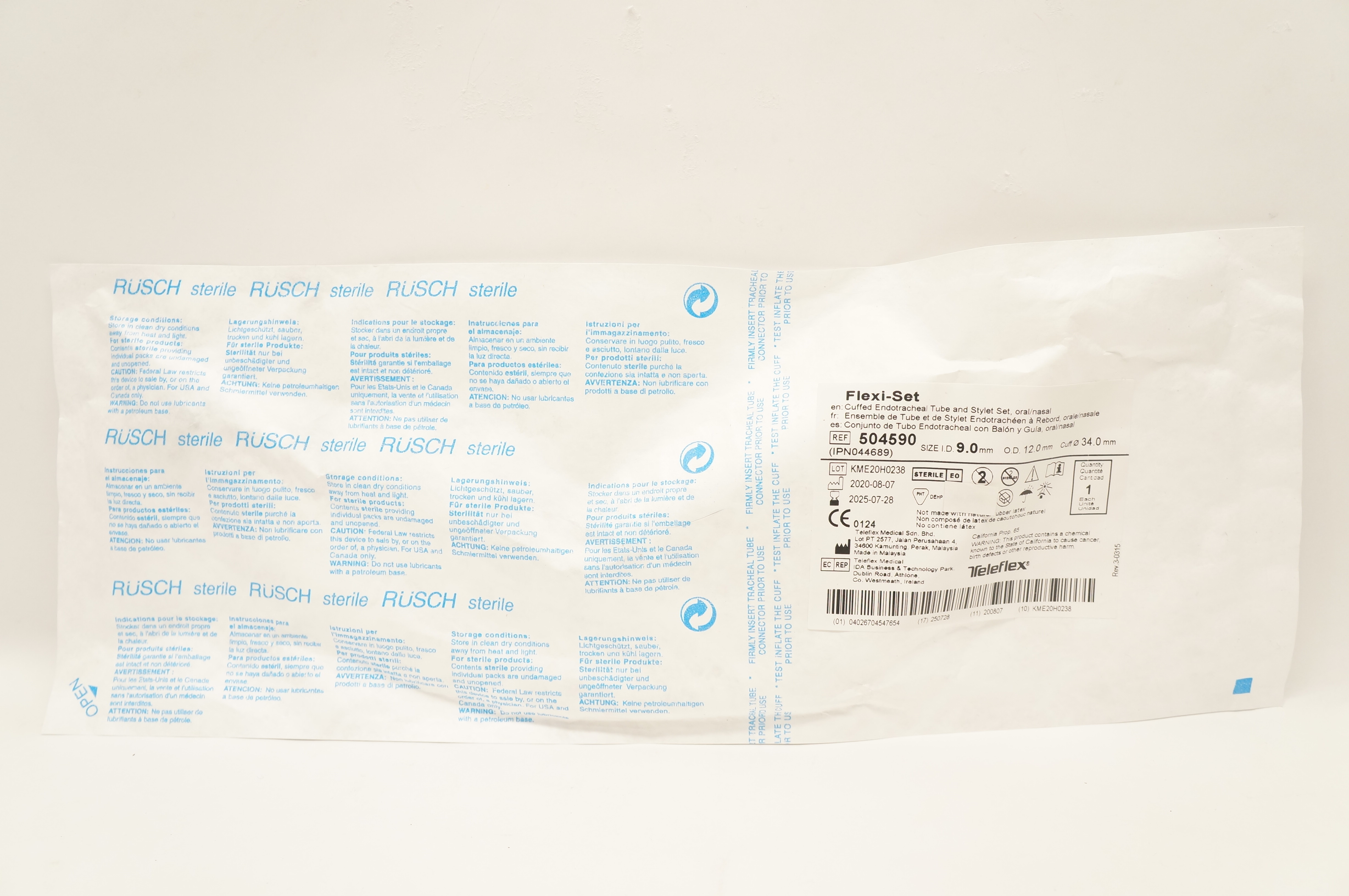 Teleflex 504590 Cuffed Endotracheal Tube Stylet Set  9 x 12 x 34.0mm