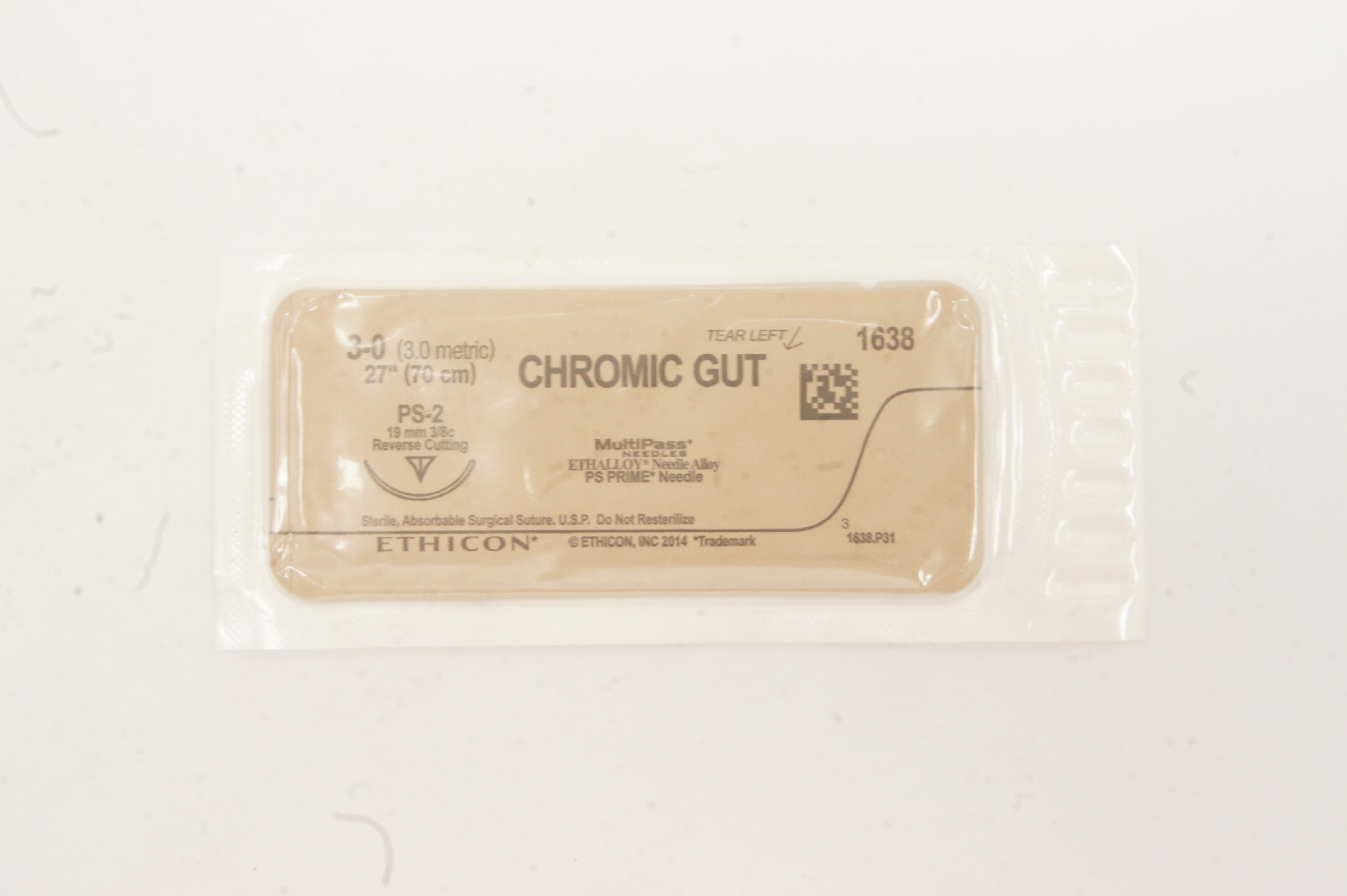 Ethicon 1638 3-0 Chromic Gut PS-2 19mm 3/8c Reverse Cutting, 27inch (x)
