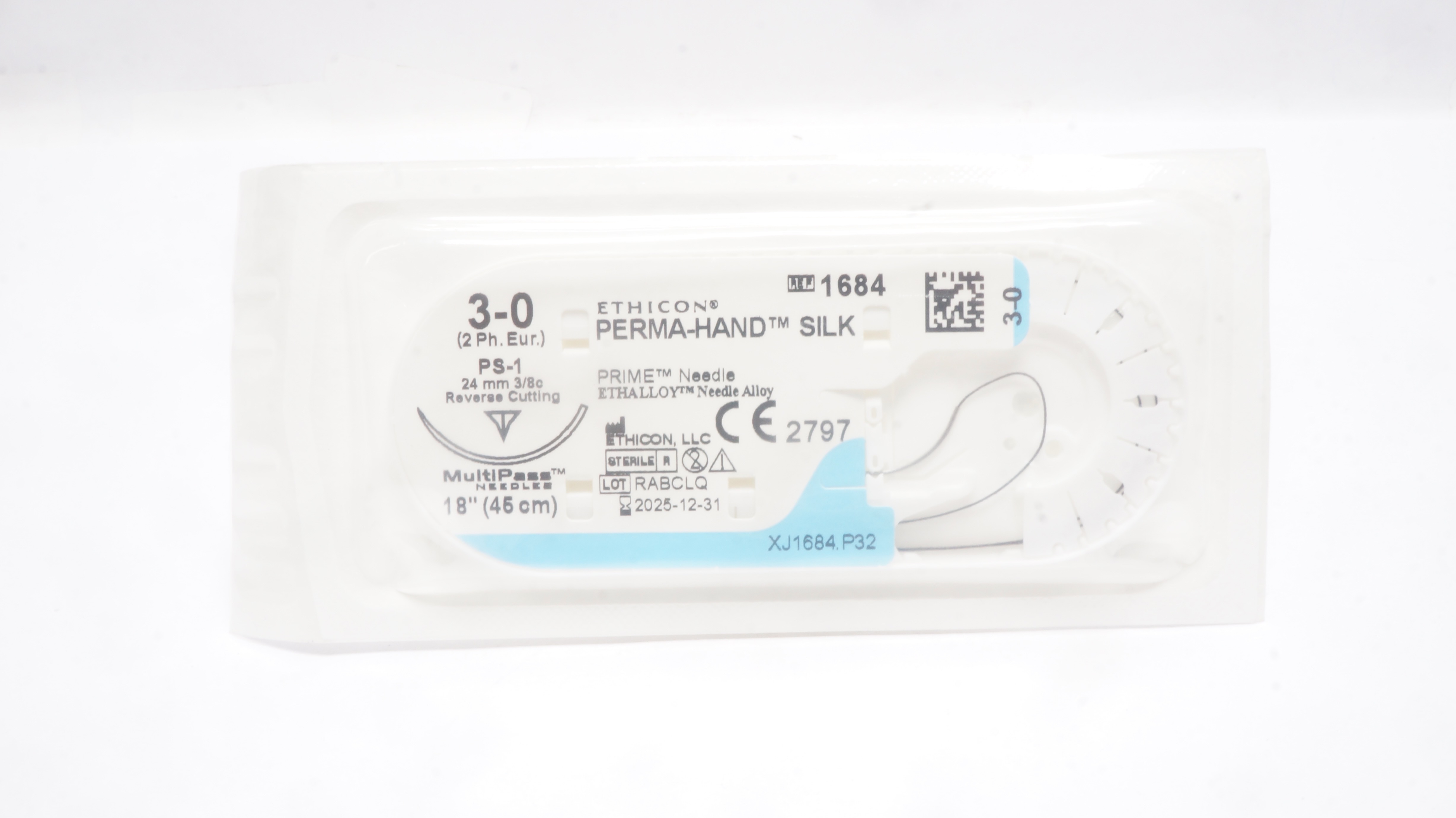 Ethicon 1684 3-0 Perma-Hand Silk Stre PS-1 24mm 3/8c Reverse Cutting, 18 inch