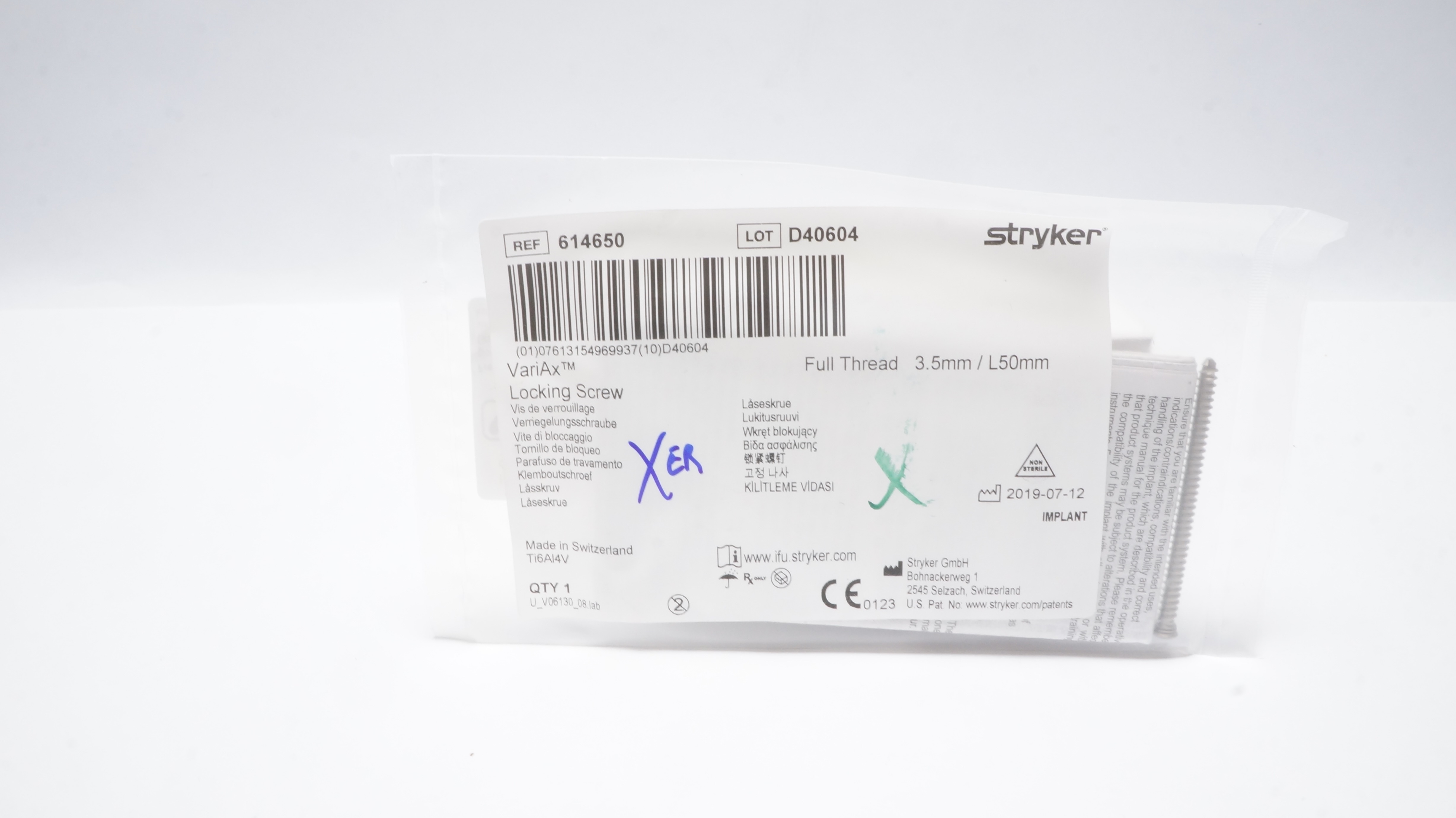 Stryker 614650 VariAx Locking Screw , Full Thread 3.5mm/ L50mm