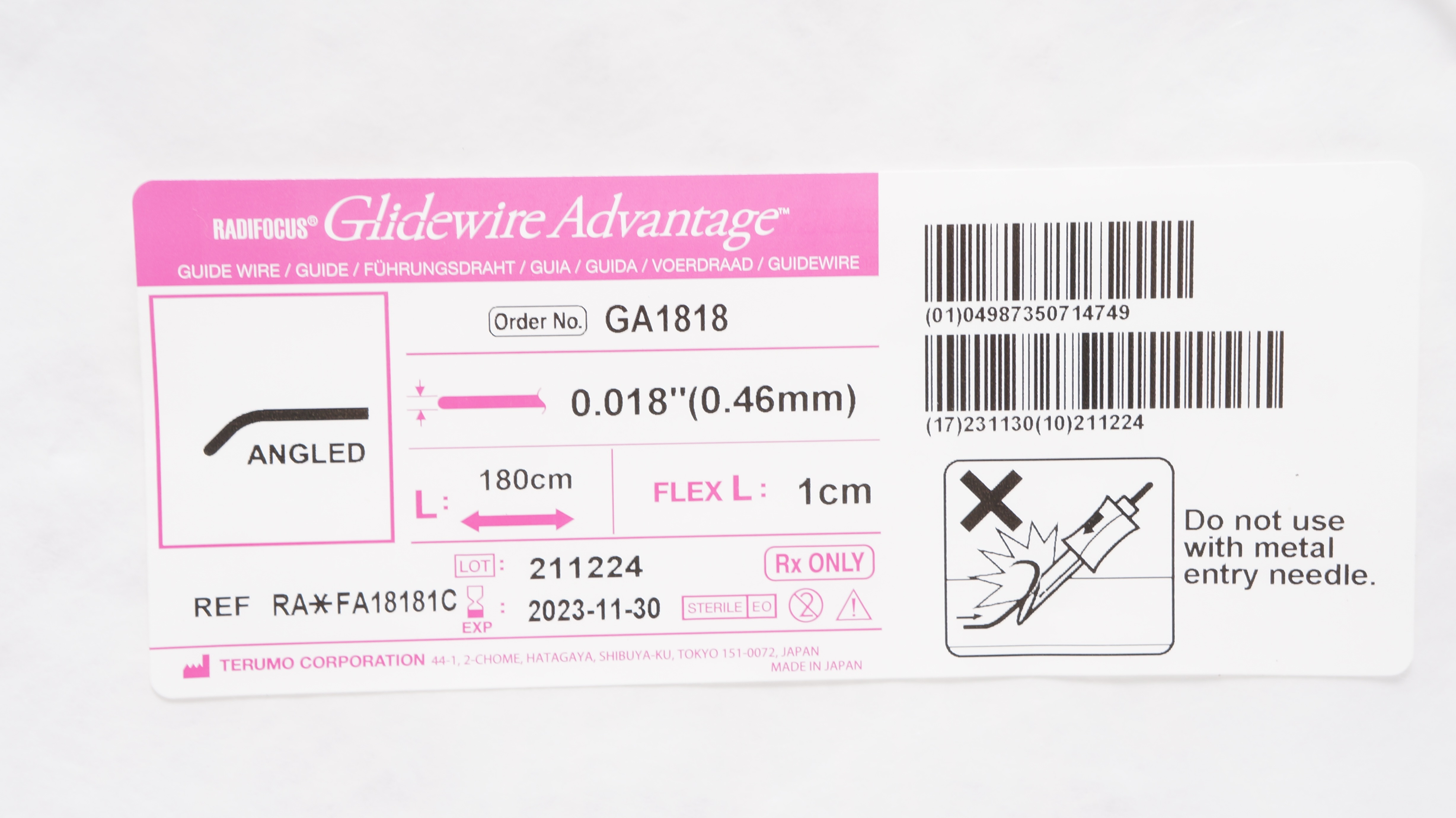 Terumo FA18181C Glidewire Advantage, Angled Guidewire 0.018inch x 180cm x 1cm(x)