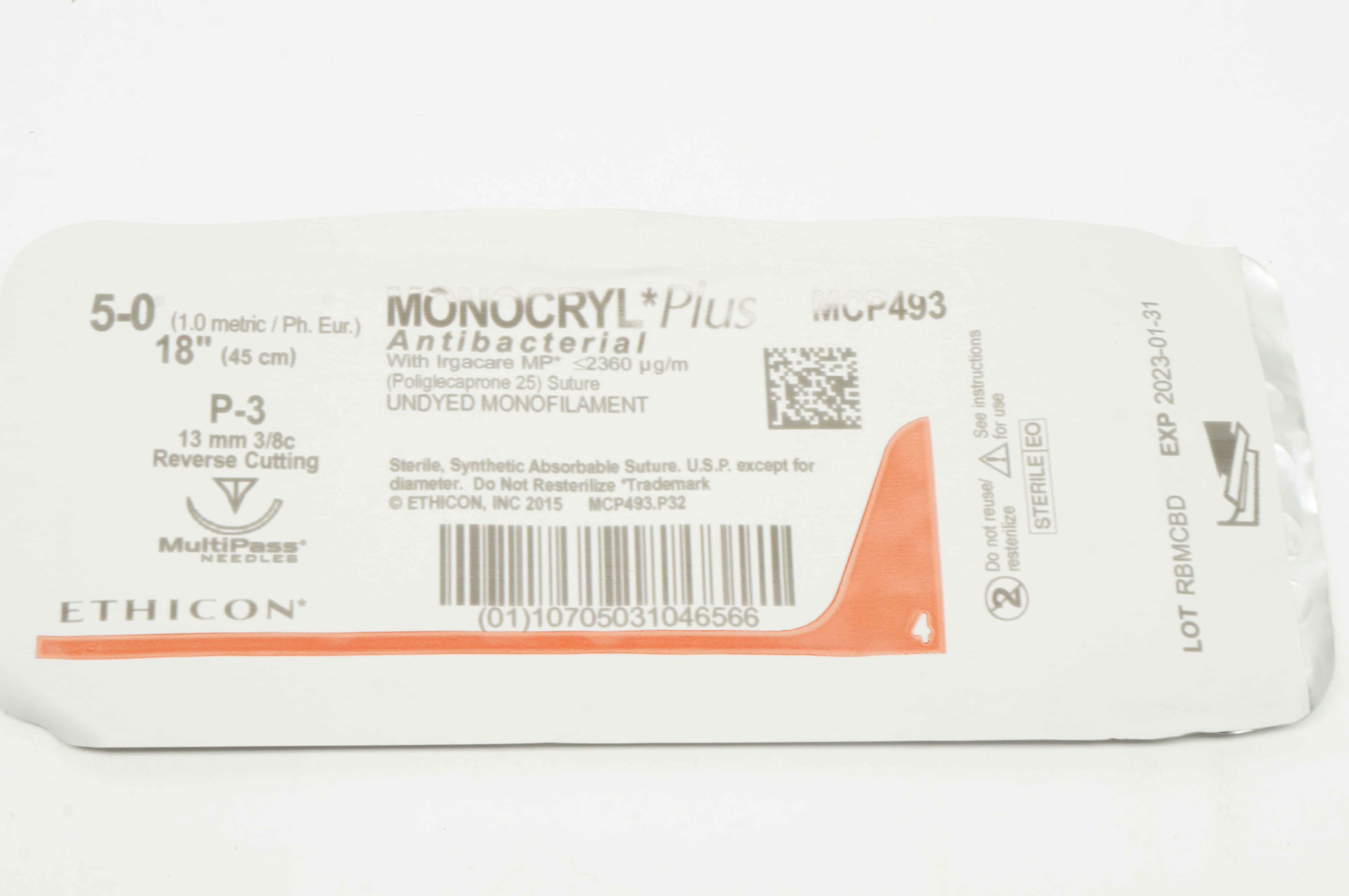 Ethicon MCP493 5-0 MONOCRYL Plus P-3 13mm 3/8c Reverse Cutting 18inch