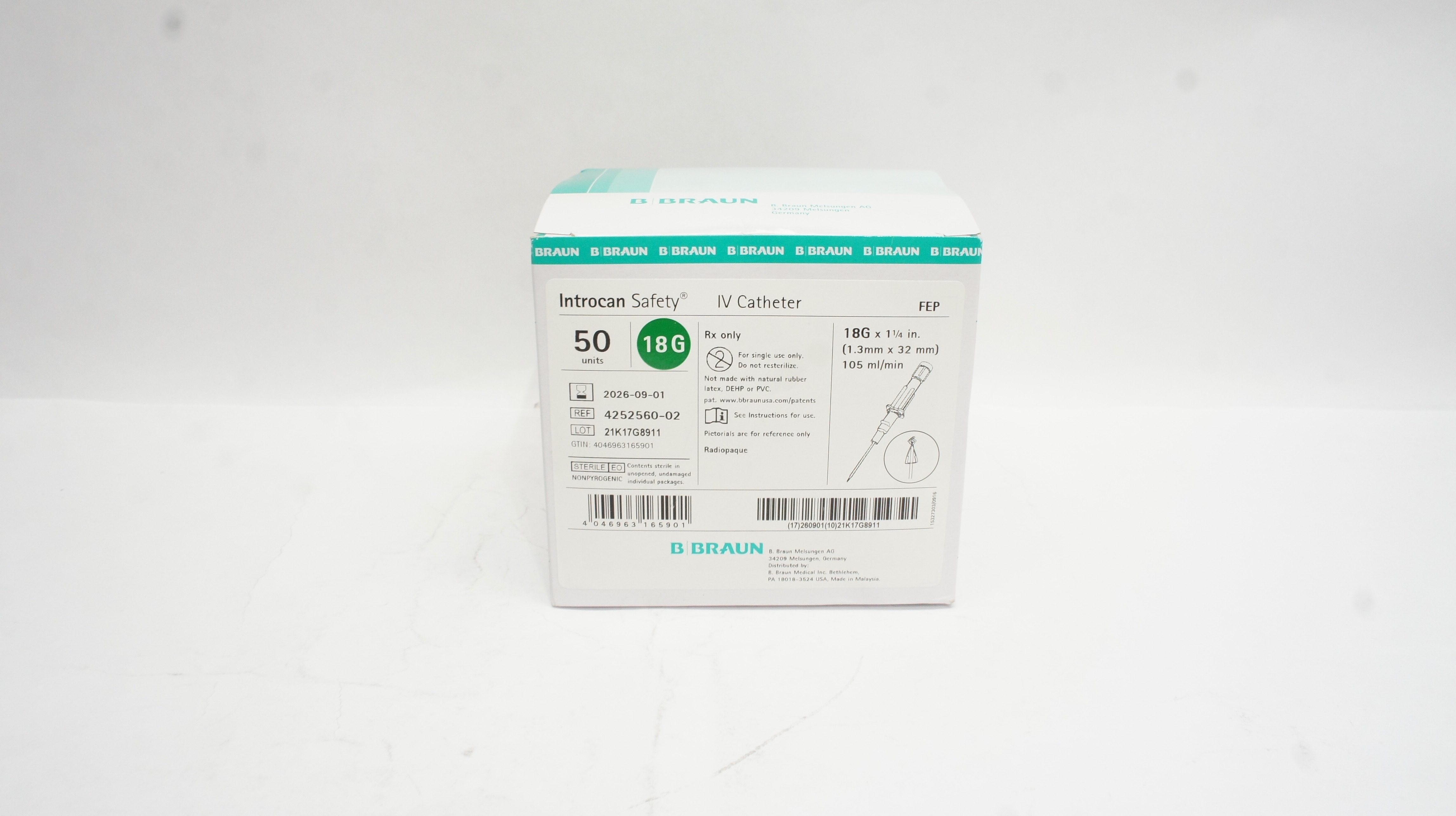 Braun 4252560-02 Introcan Safety IV Cath. 18G x 1-1/4inch 105mL/min - Box of 50