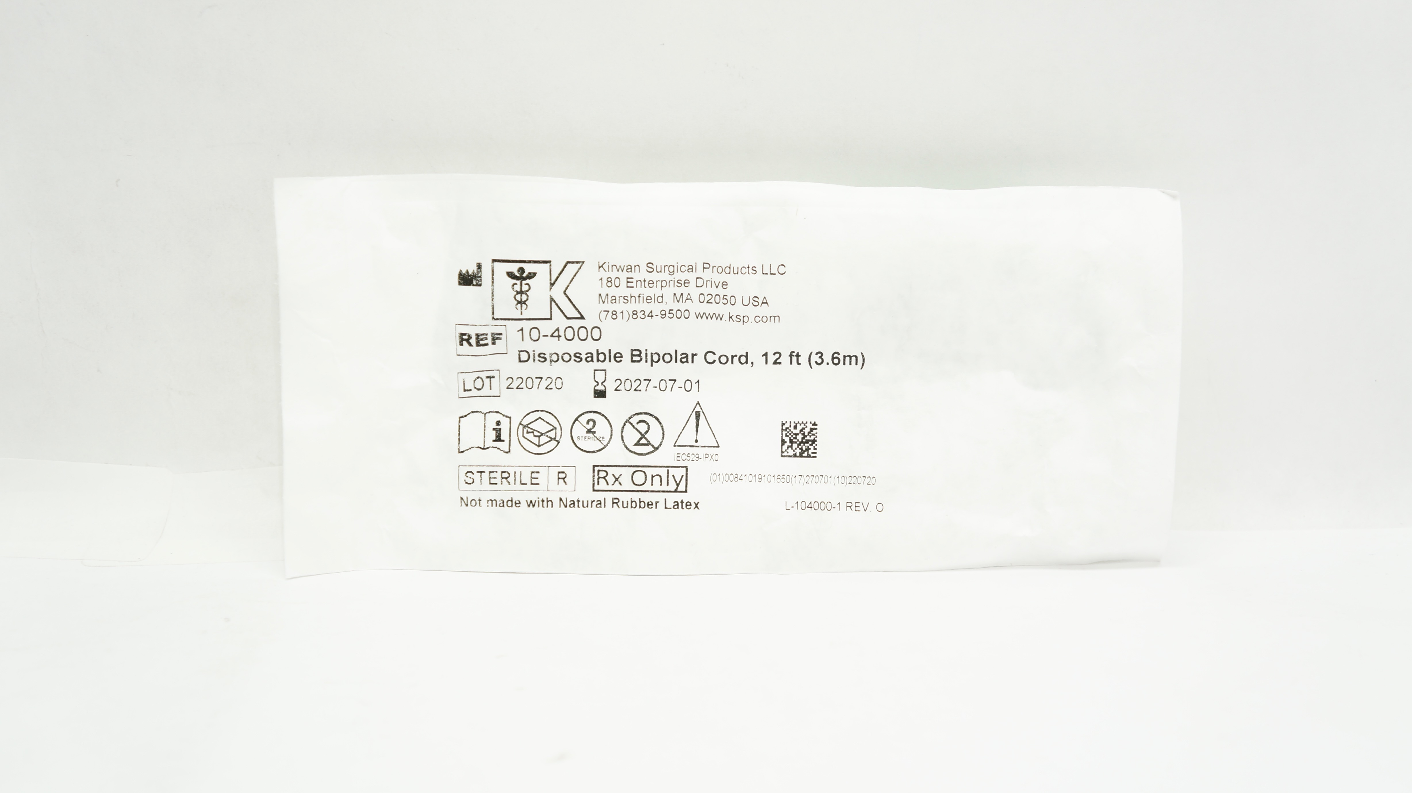 Kirwan Surgical 10-4000 Disposable Bipolar Cord 12ft.