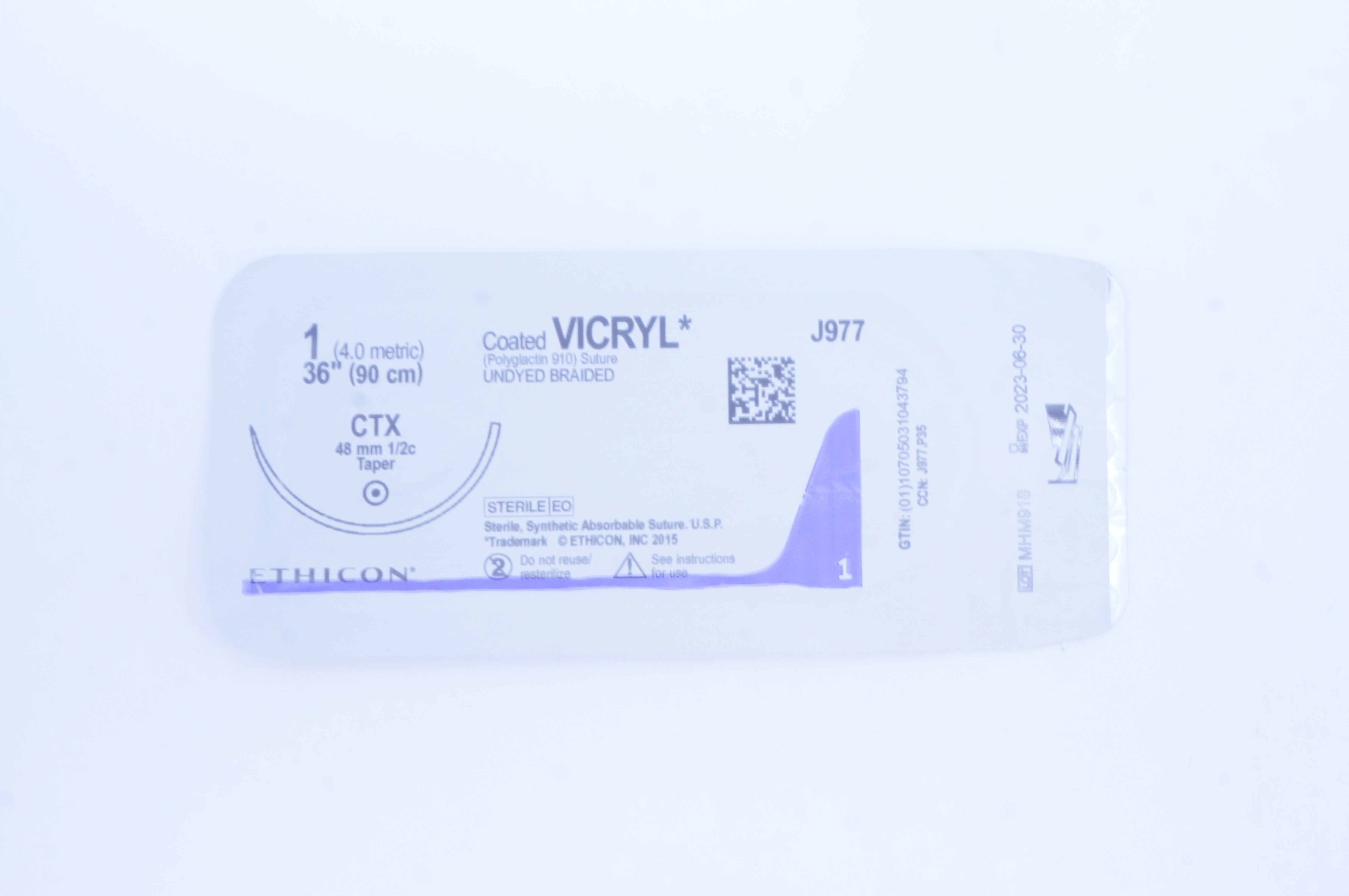 Ethicon J977 1 Coated VICRYL (Polyglactin 910) Stre CTX 48mm 1/2c Taper, 36 inch