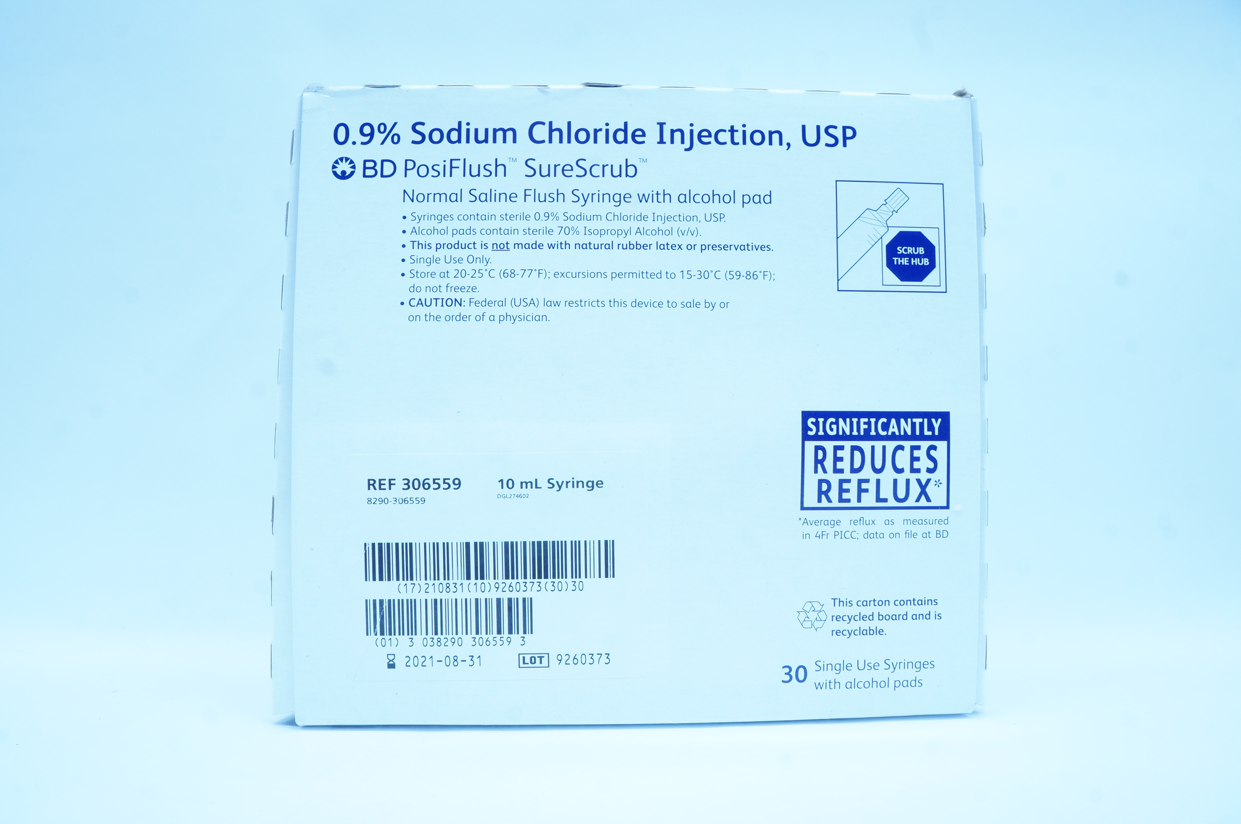 BD 306559 PosiFlush SureScrub Normal Saline Flush Syringe 10mL - Box of 30