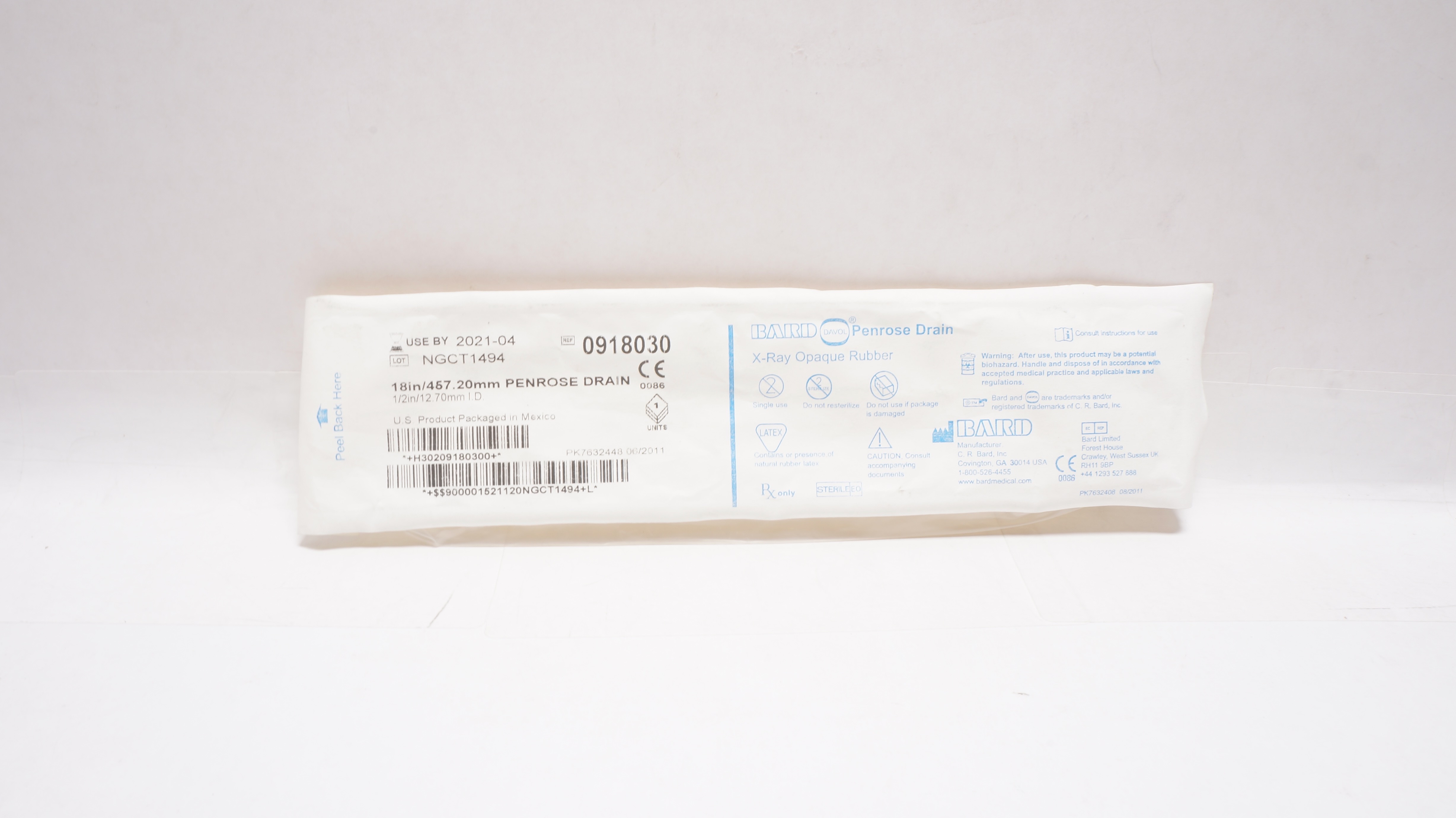 Bard 0918030 Davol Penrose Drain X-Ray Opaque Rubber 1/2in. ID x 18in. (x)