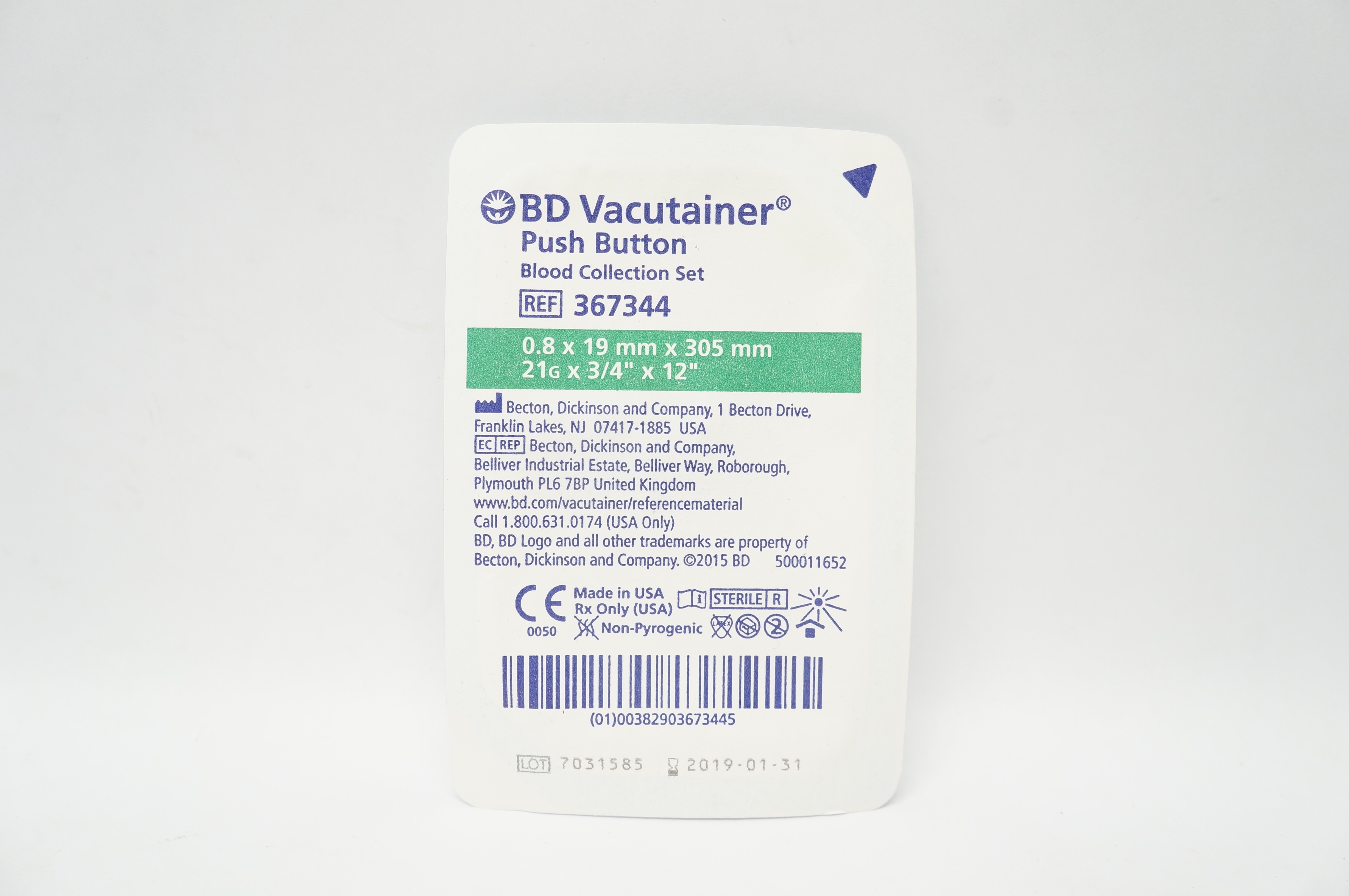 BD 367344 Vacutainer Push Button Blood Collection Set 21G x 3/4inch x 12inch (x)