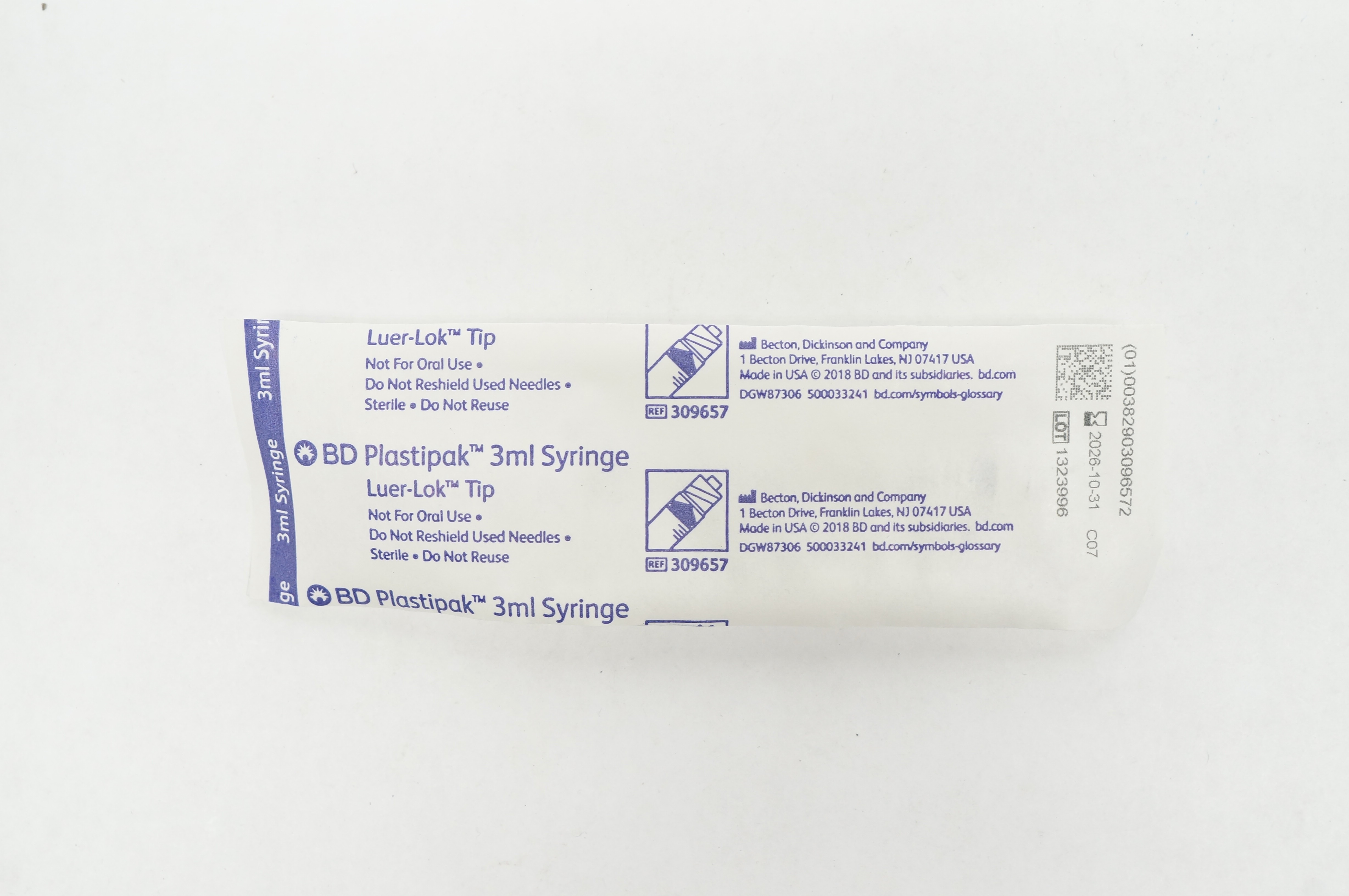 BD 309657 Plastipak Luer-Lok Tip 3mL Syringe