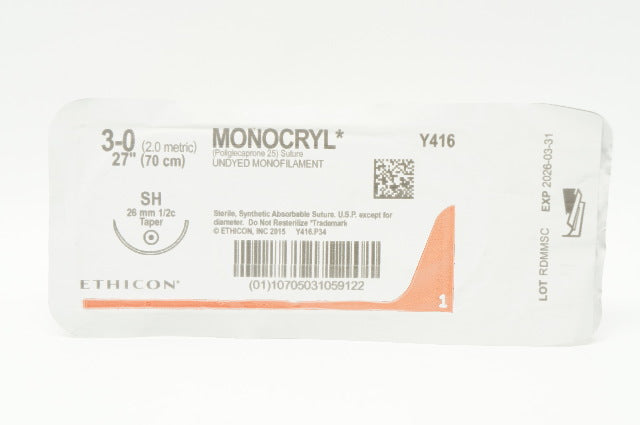 Ethicon Y416 3-0 MONOCRYL, SH 26mm 1/2 Circle, 27inch
