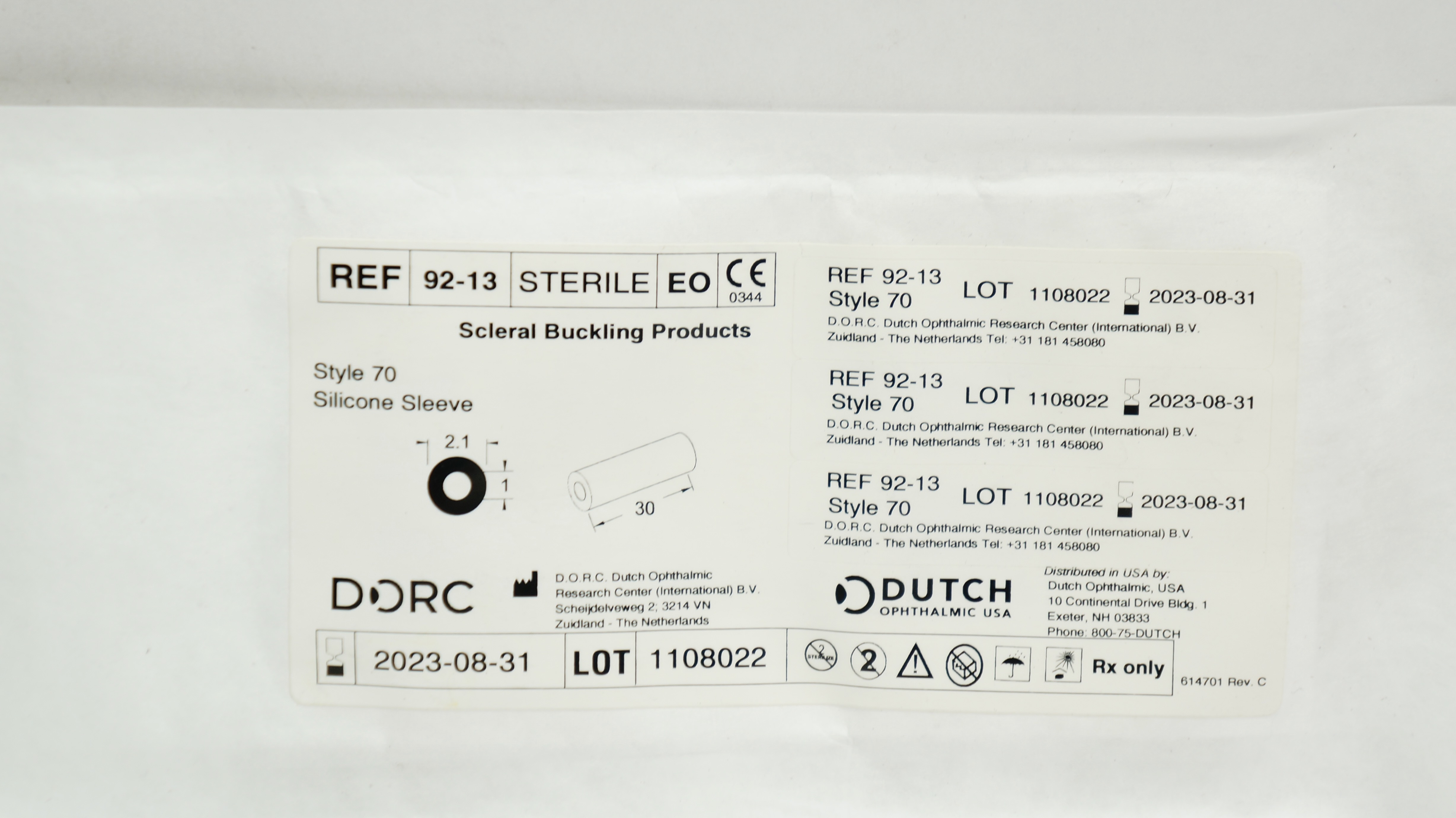 DORC 9213 Scleral Buckling Products Style 70 Silicone Sleeve 2.1 x 30