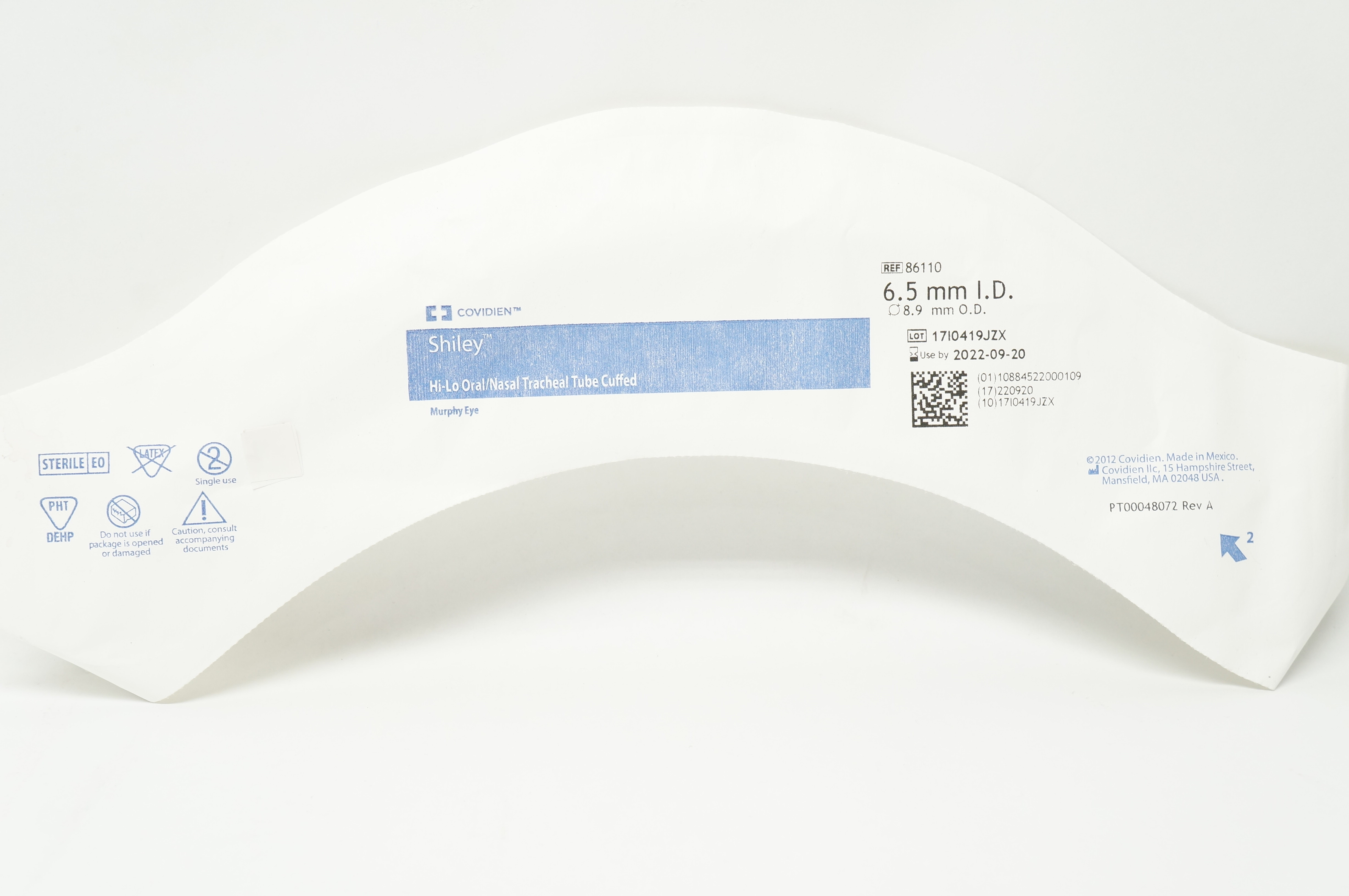 Covidien 86110 Shiley Hi-Lo Oral/Nasal Tracheal Tube Cuffed 6.5mm ID x 8.9mm OD