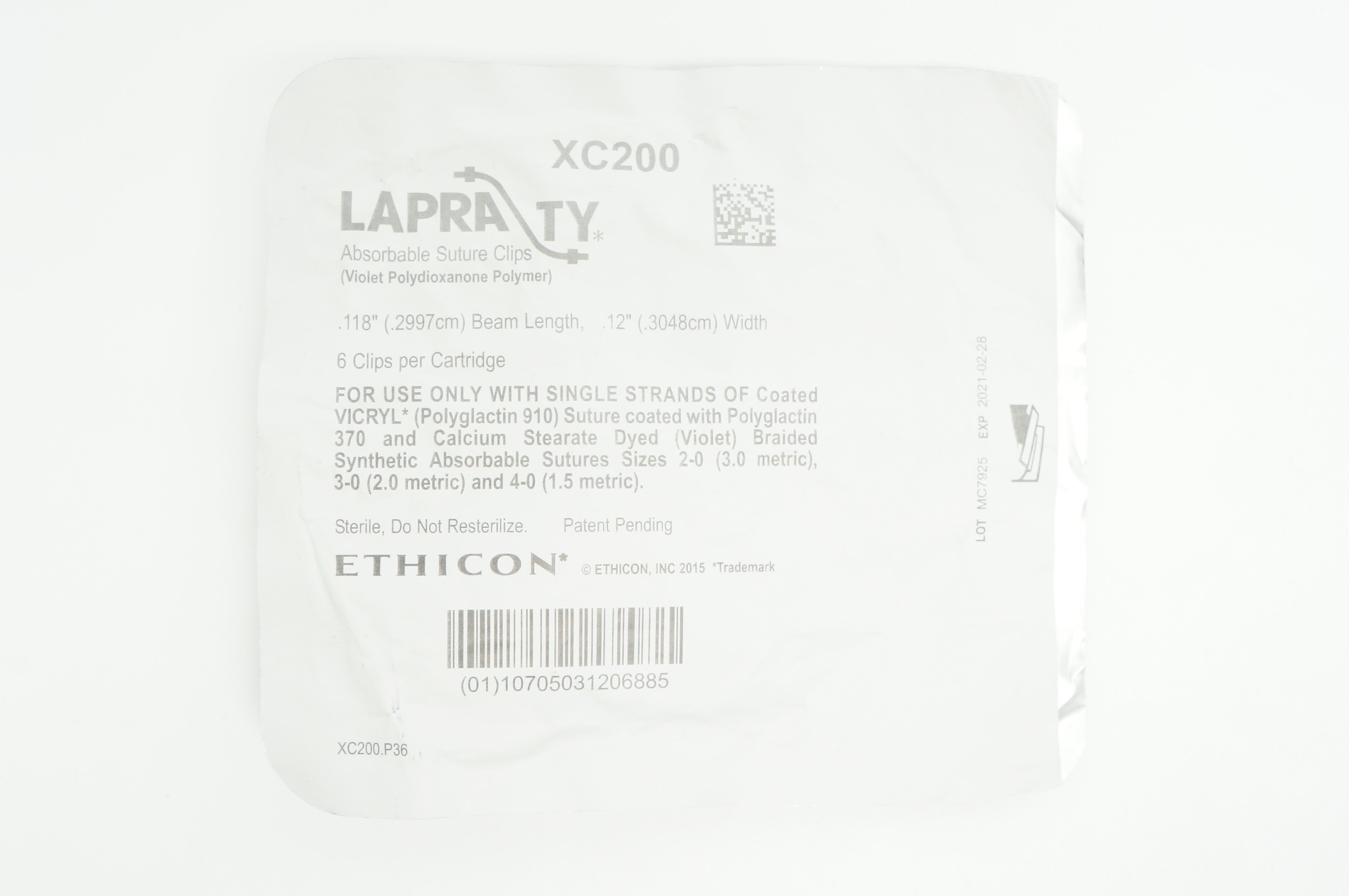 Ethicon XC200 LAPRA TY Absorbable Stre. Clips, 12inch x 118inch