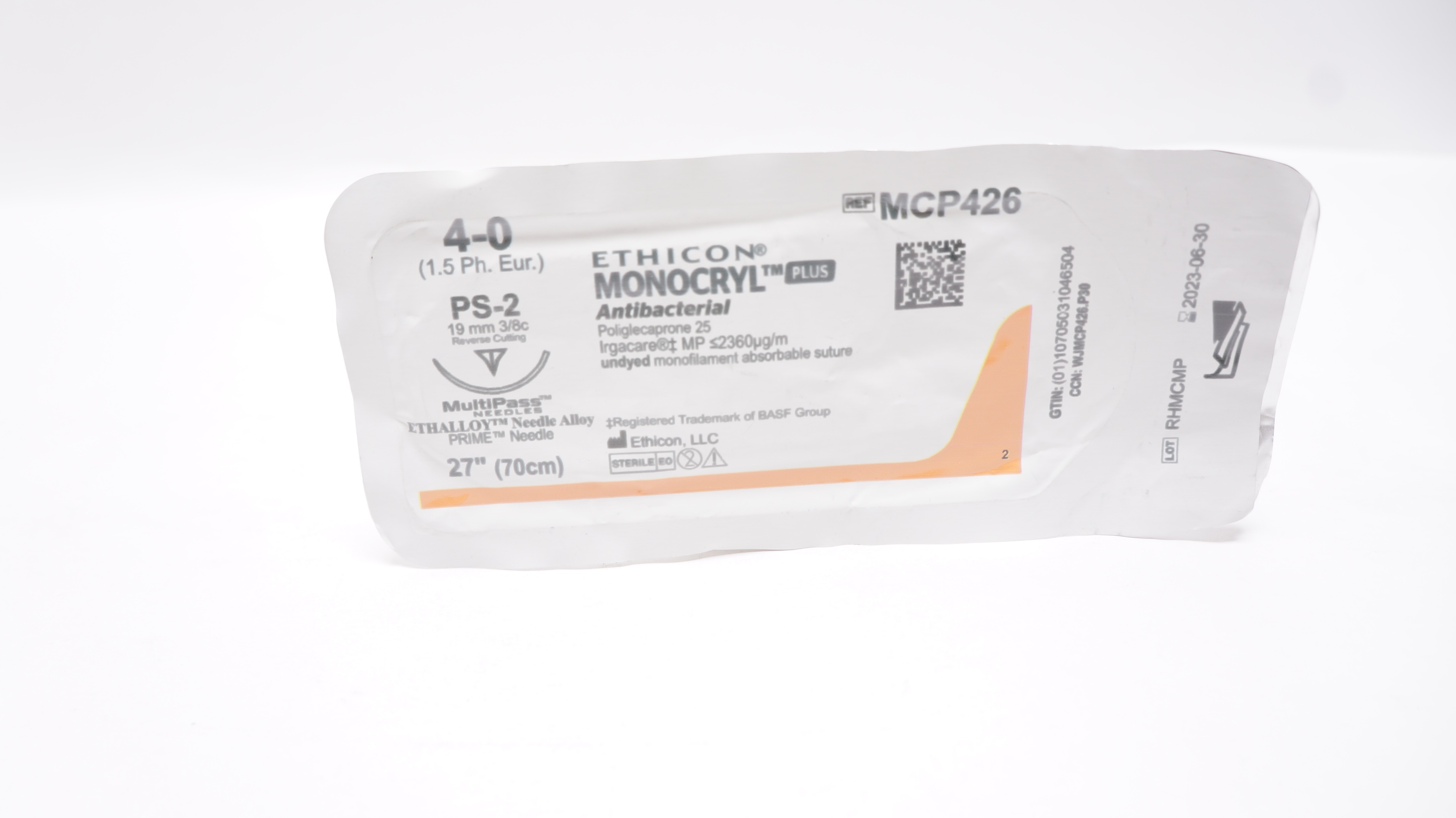Ethicon MCP426 4-0 MONOCRYL Plus Stre PS-2 19mm 3/8c Reverse Cutting, 27inch (x)
