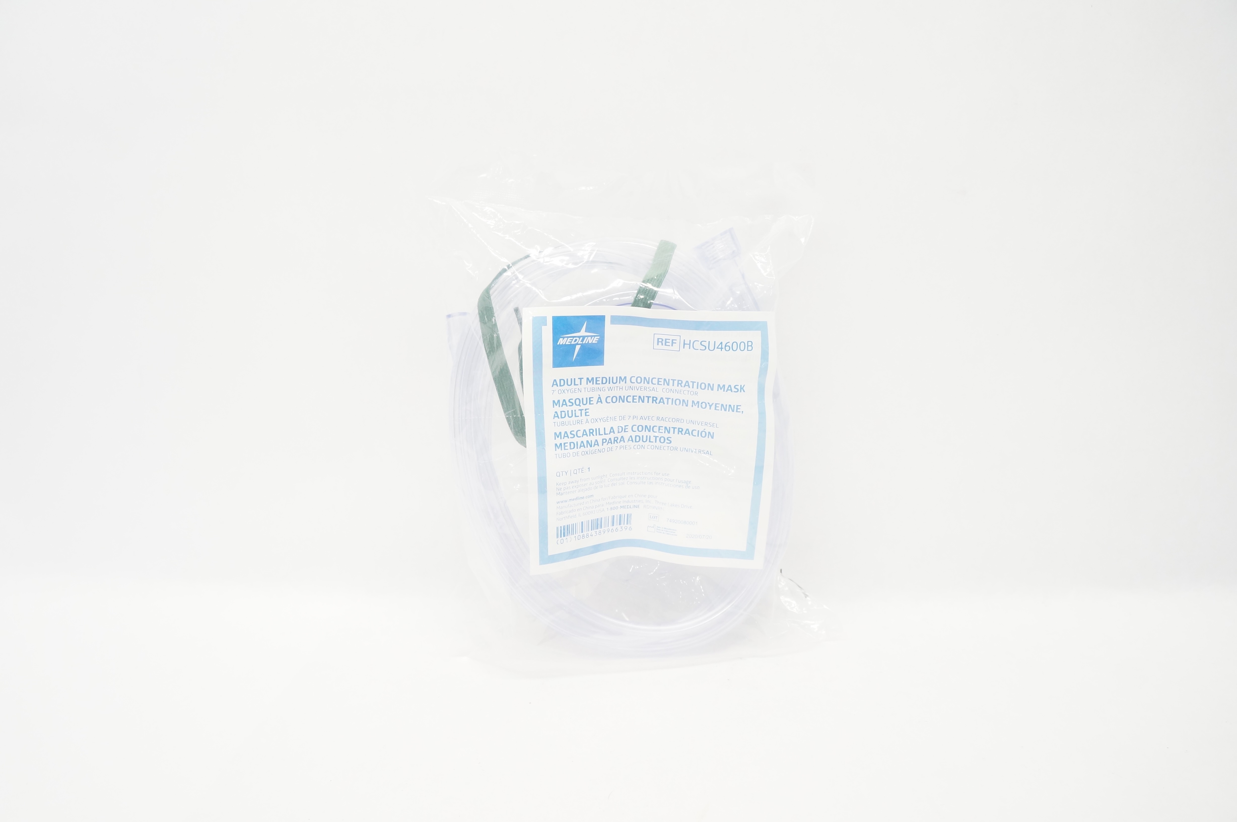 Medline HCSU4600B Adult Medium Concentration Oxygen Mask W/ Oxygen Tubing 7F