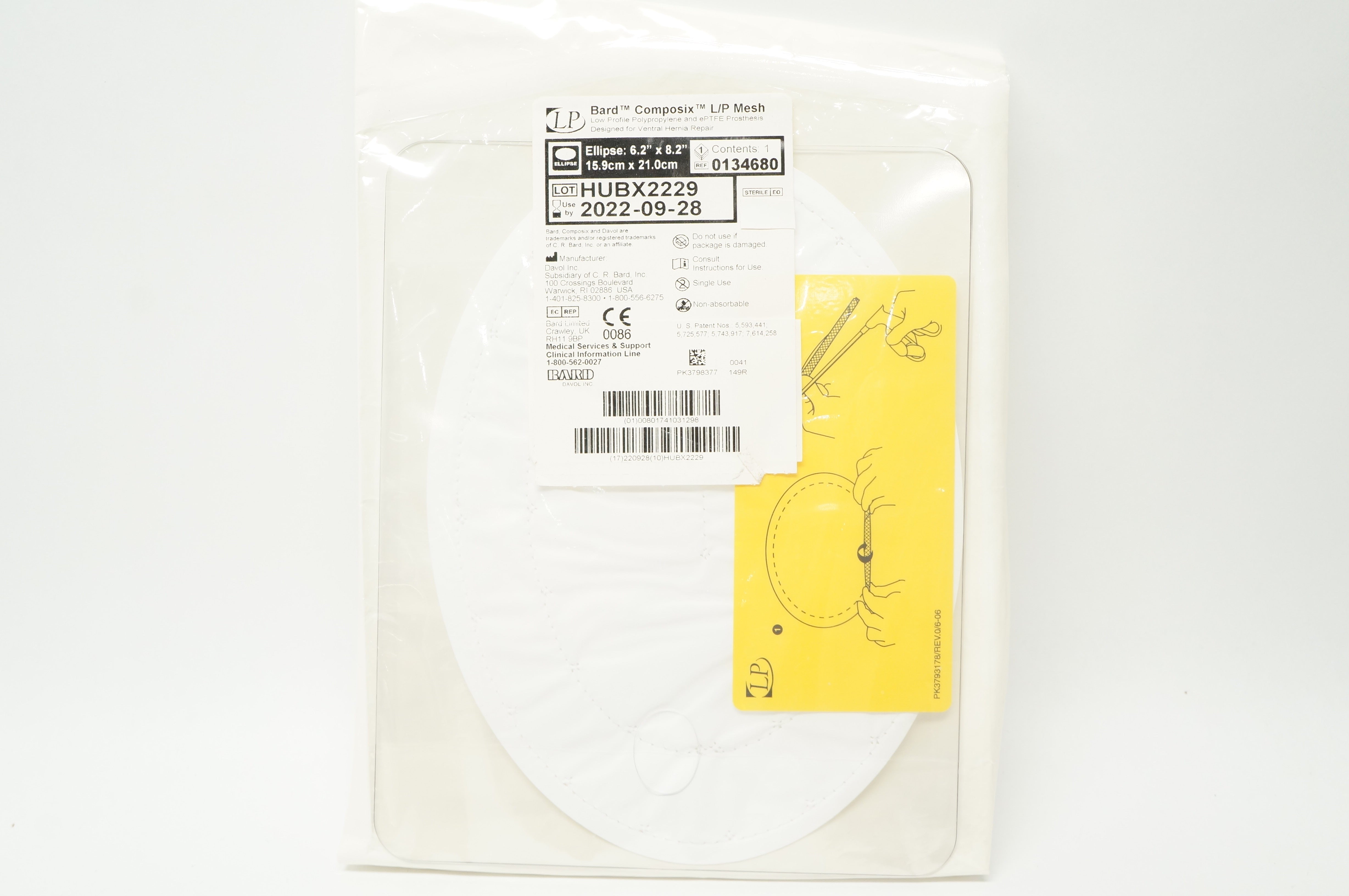 Bard 0134680 Davol Composix L/P Mesh, Ellipse 6.2inch x 8.2inch