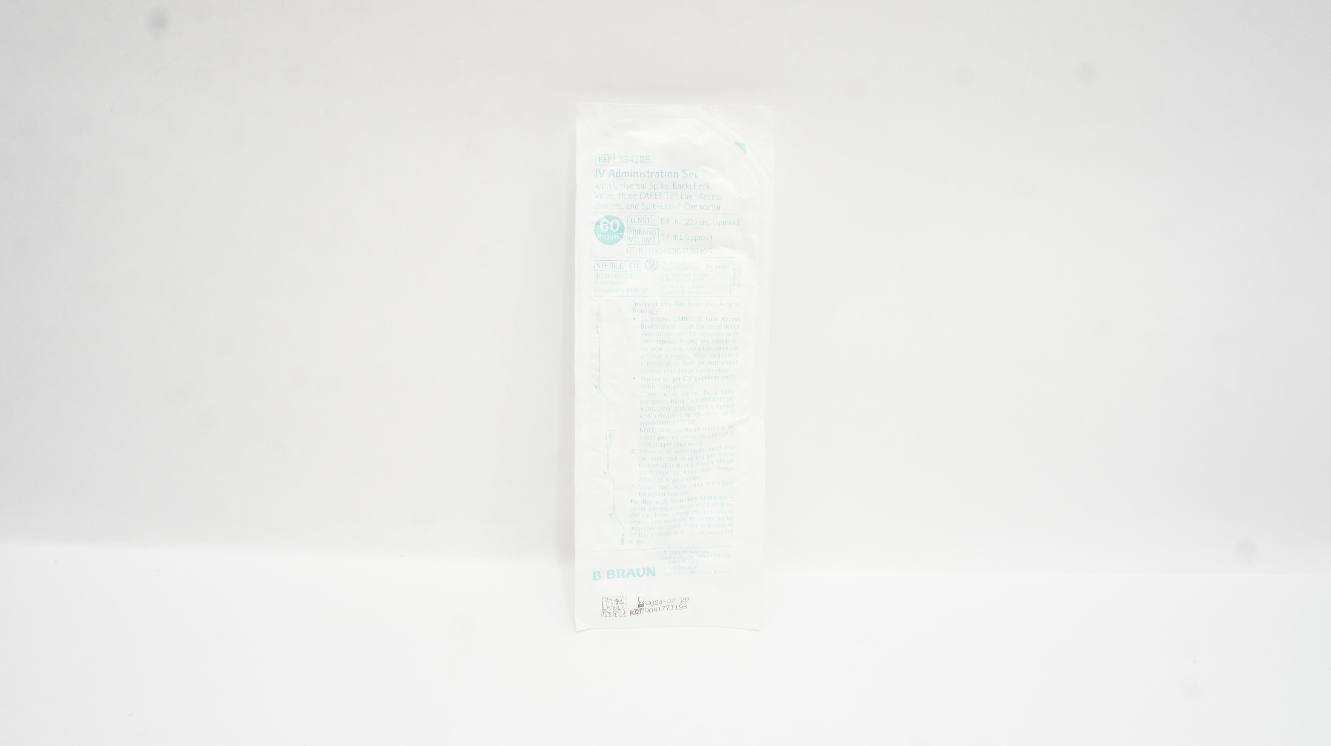Braun 354206 IV Administration Set w/Universal Spike 88inchx17mL 60 drops/mL