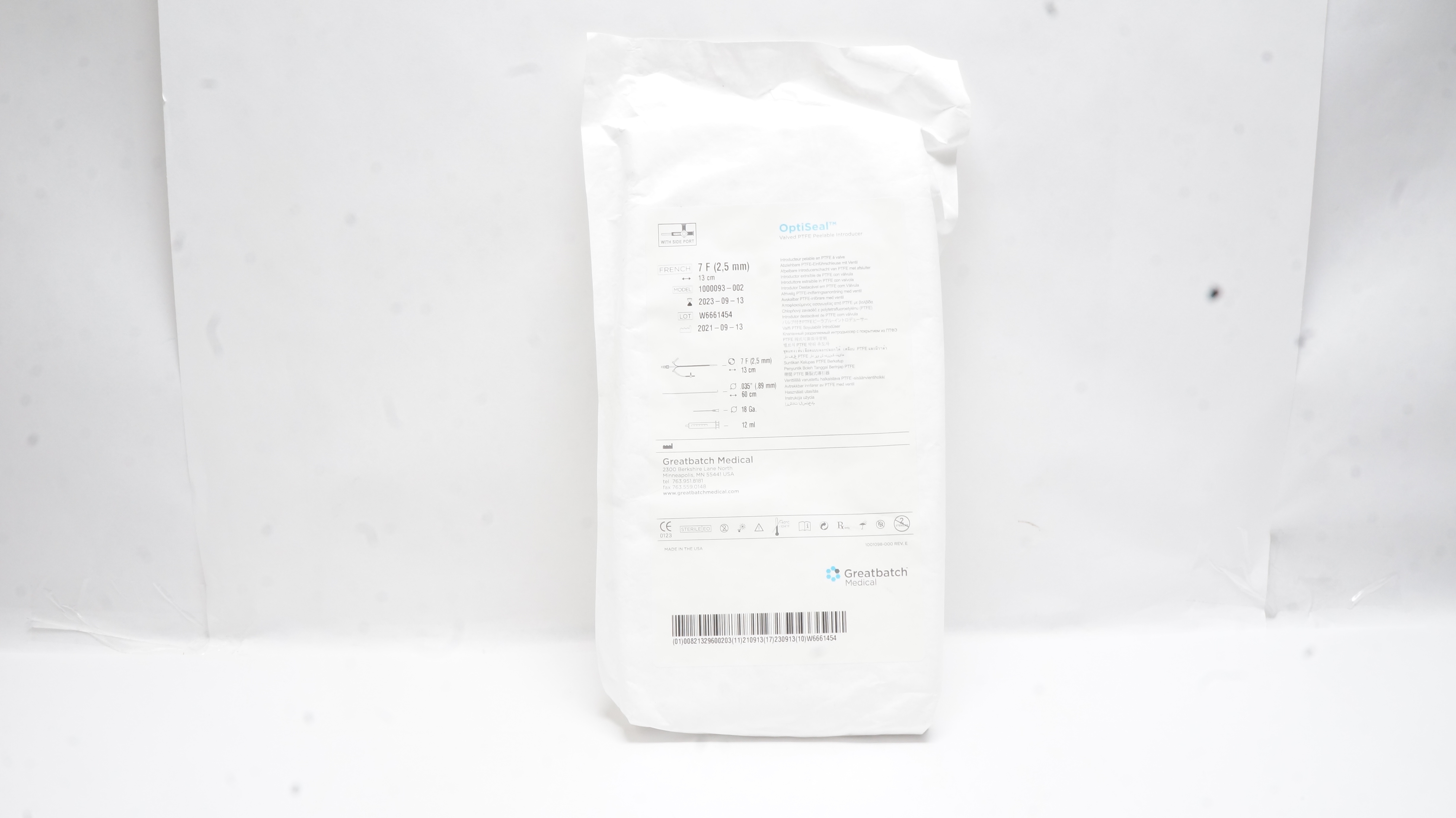 Greatbatch Medical 1000093-002 OptiSeal Valved PTFE Introducer 7F x 13cm (x)