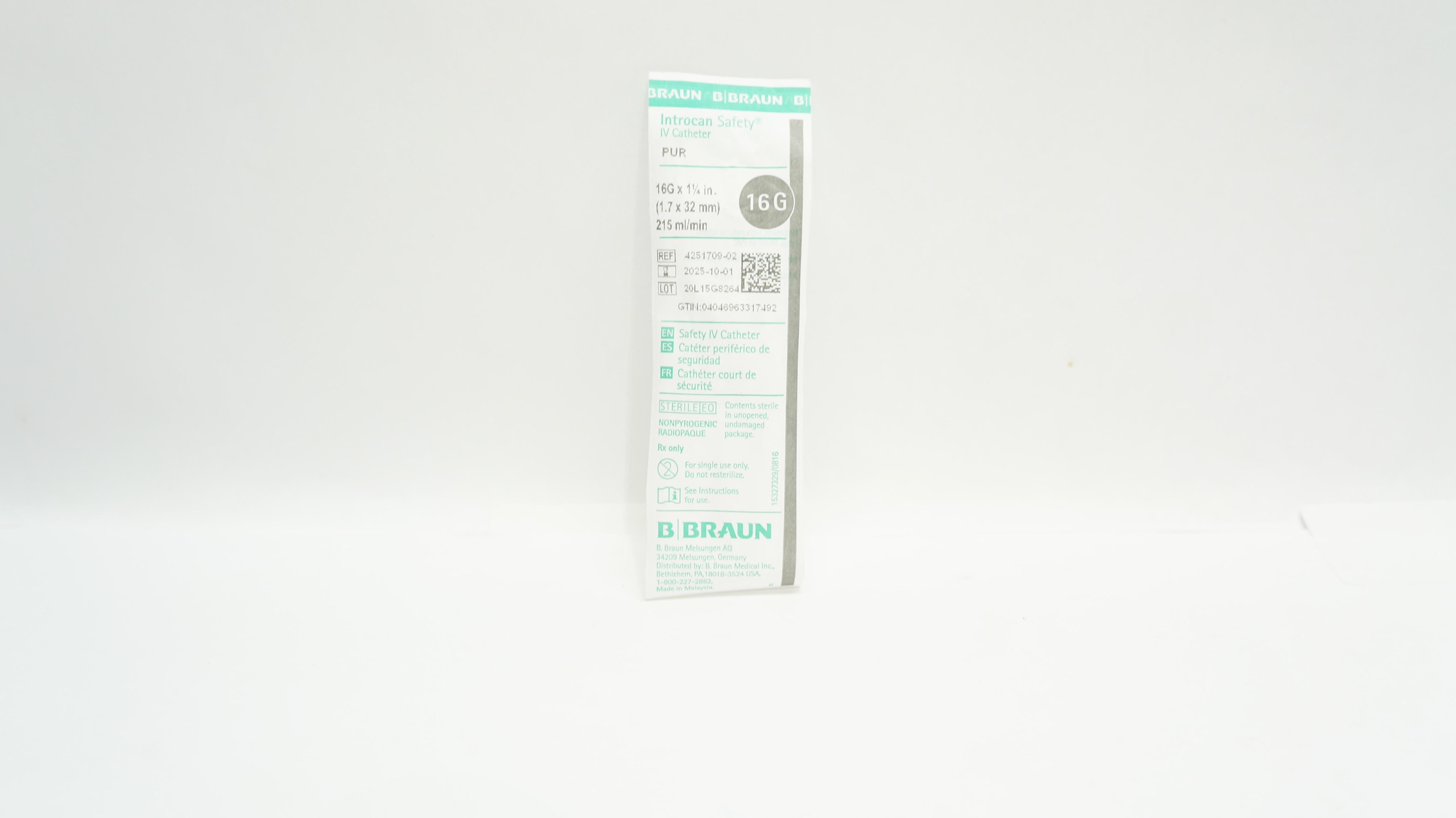 Braun 4251709-02 Introcan Safety Safety IV Cath. PUR 16G x 1-1/4inch, 215mL/min