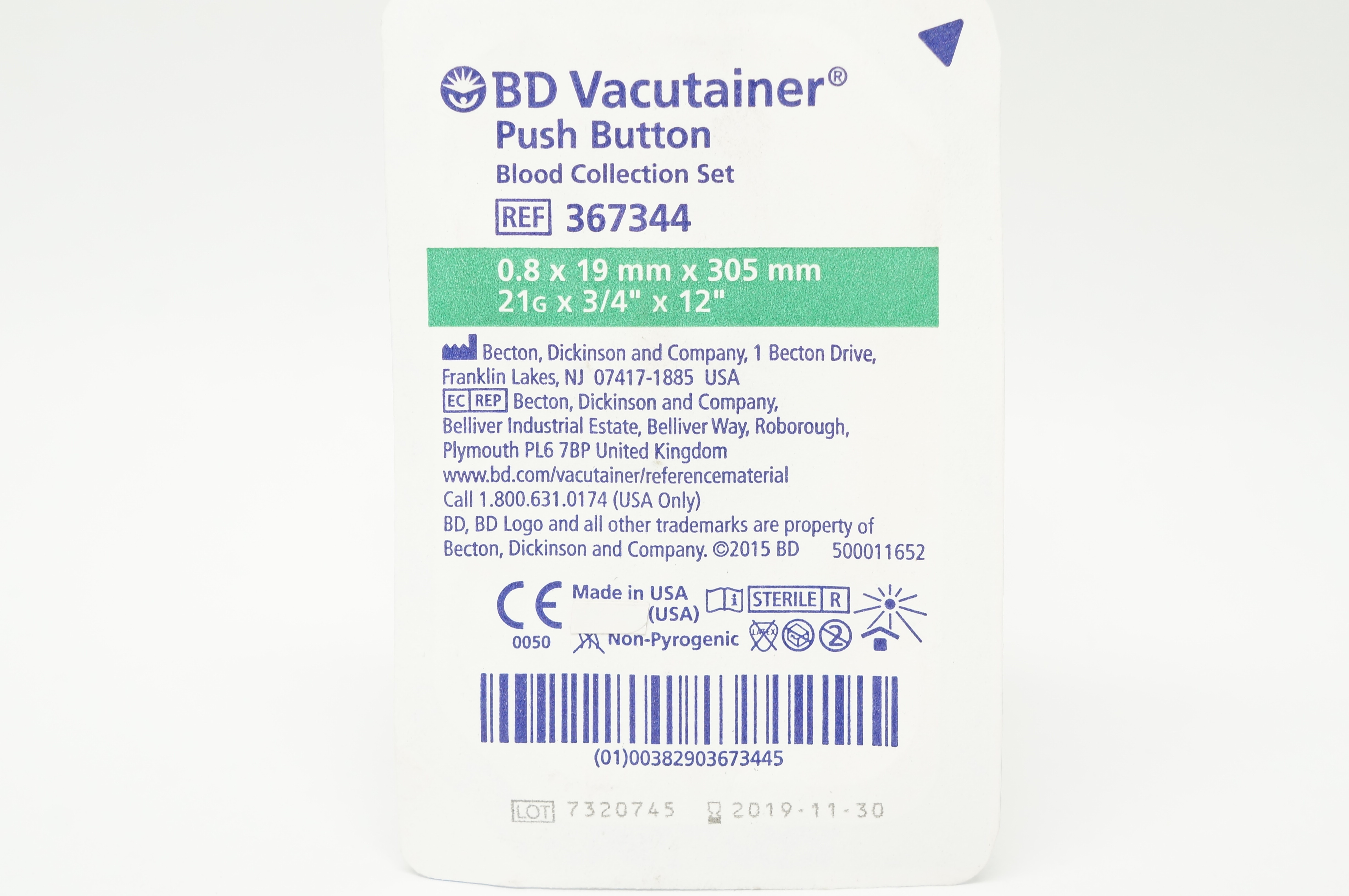 BD 367344 Vacutainer Push Button Blood Collection Set 24G x 3/4inch x 12inch (x)
