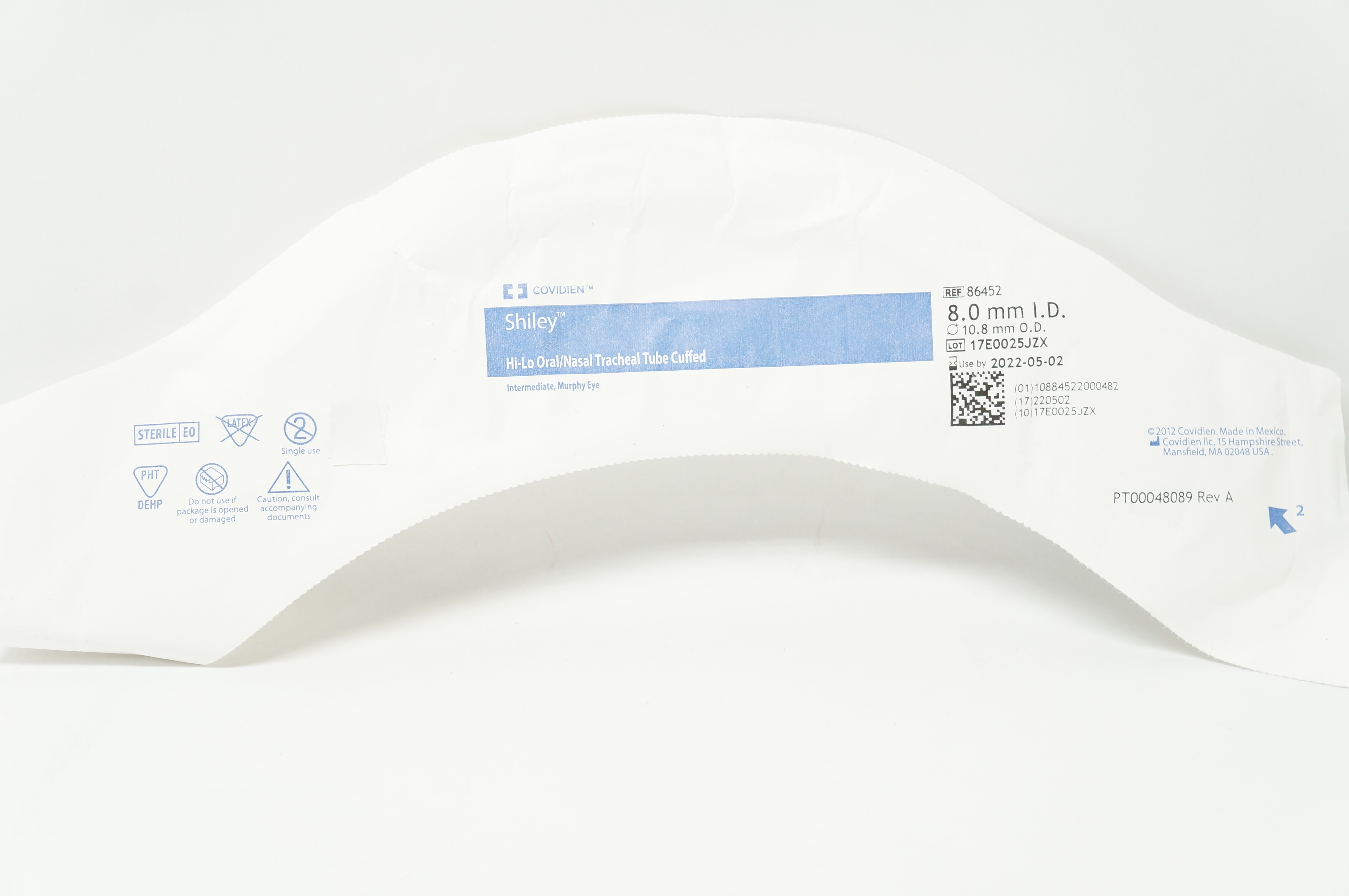 Covidien 86452 Shiley Hi-Lo Oral/Nasal Tracheal Tube Cuffed 8.0 x 10.8mm