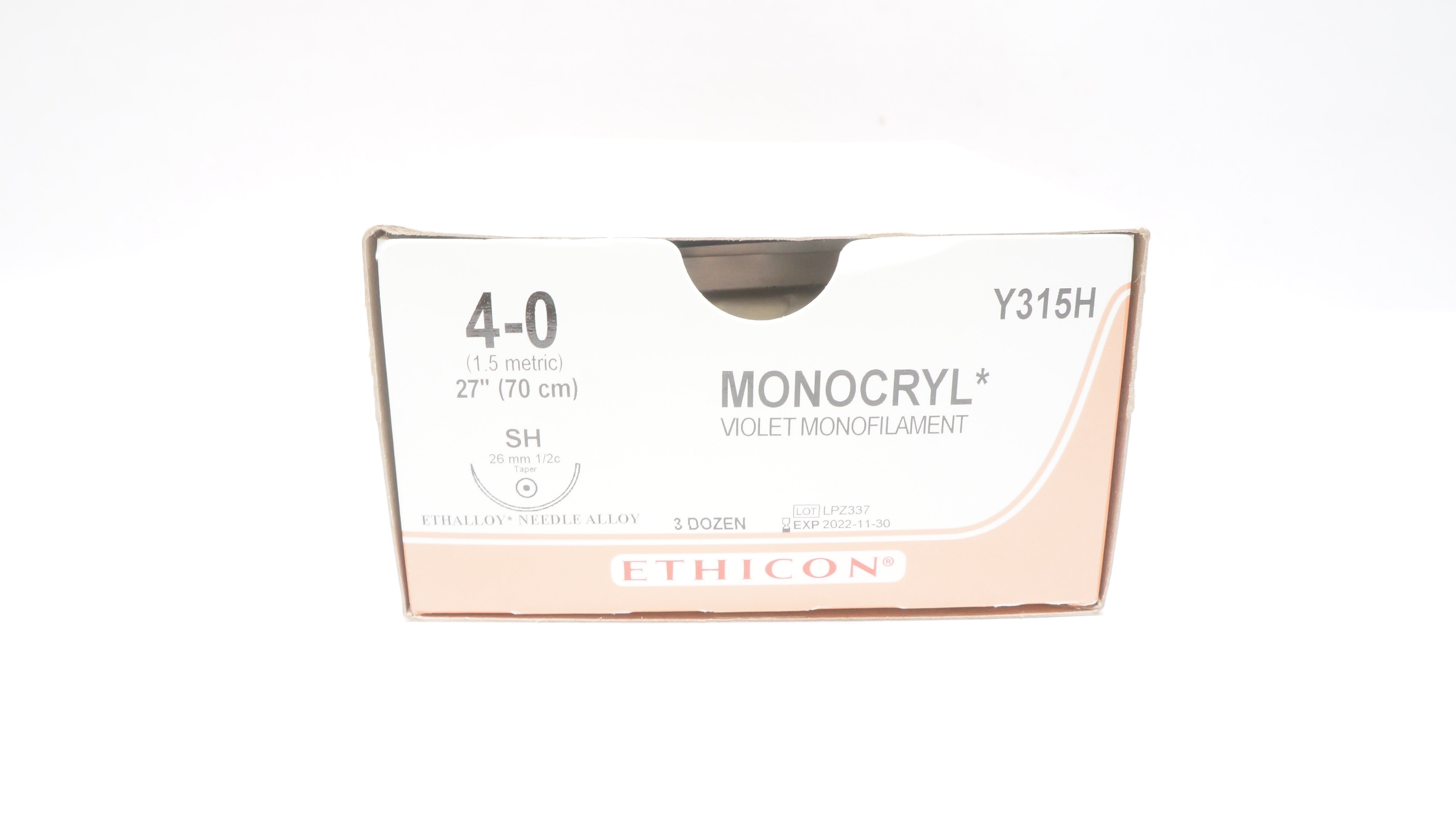 Ethicon Y315H 4-0 MONOCRYL, SH, 26mm 1/2c Taper, 27inch (x) - Box of 26