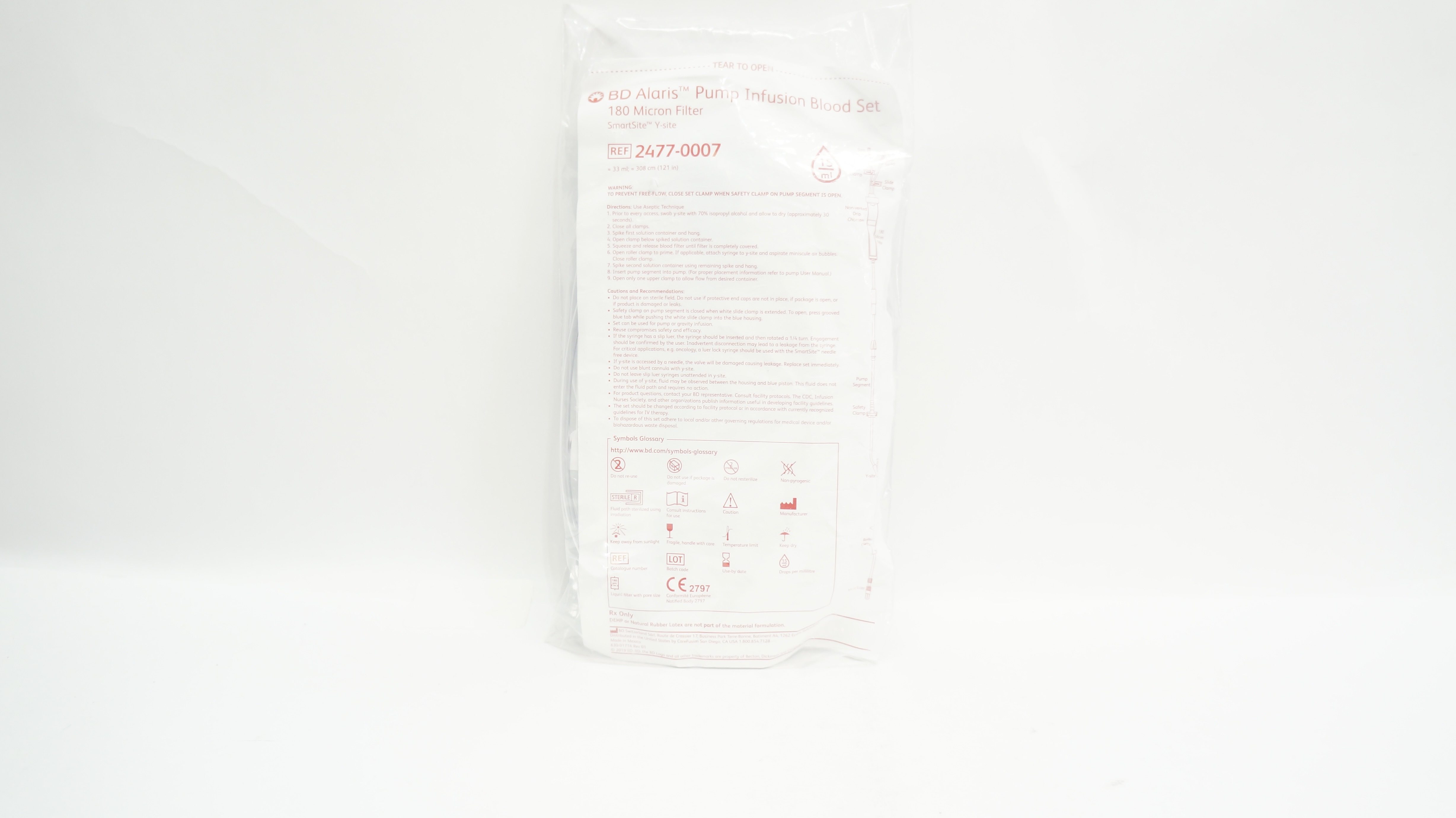 BD 2477-0007 Alaris Pump Infusion Blood Set 180 Micron Filter 33ml x 121inch (x)