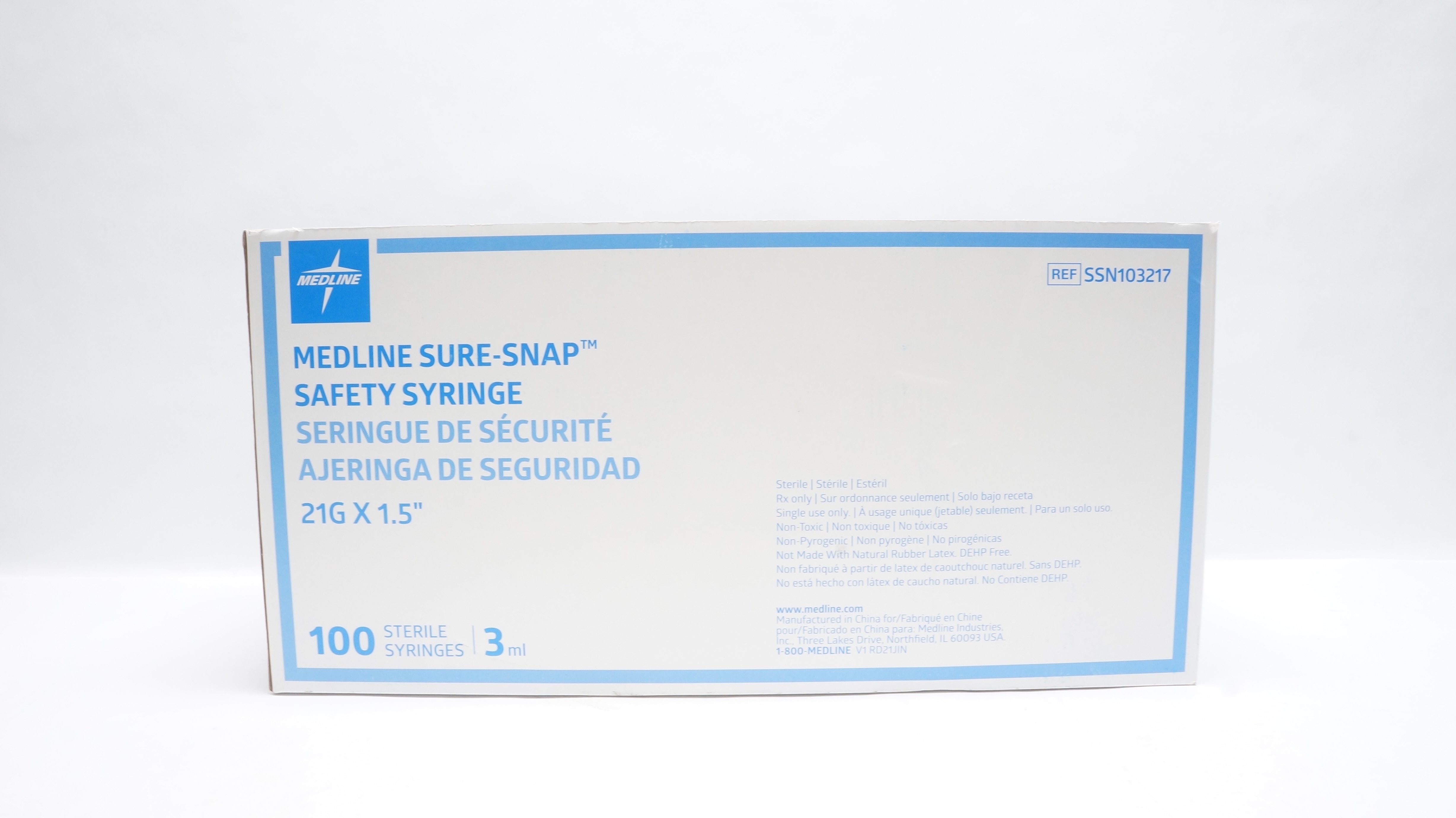 Medline SSN103217 Sure-Snap Safety Syringe 21G x 1.5inch 3ml - Box of 100