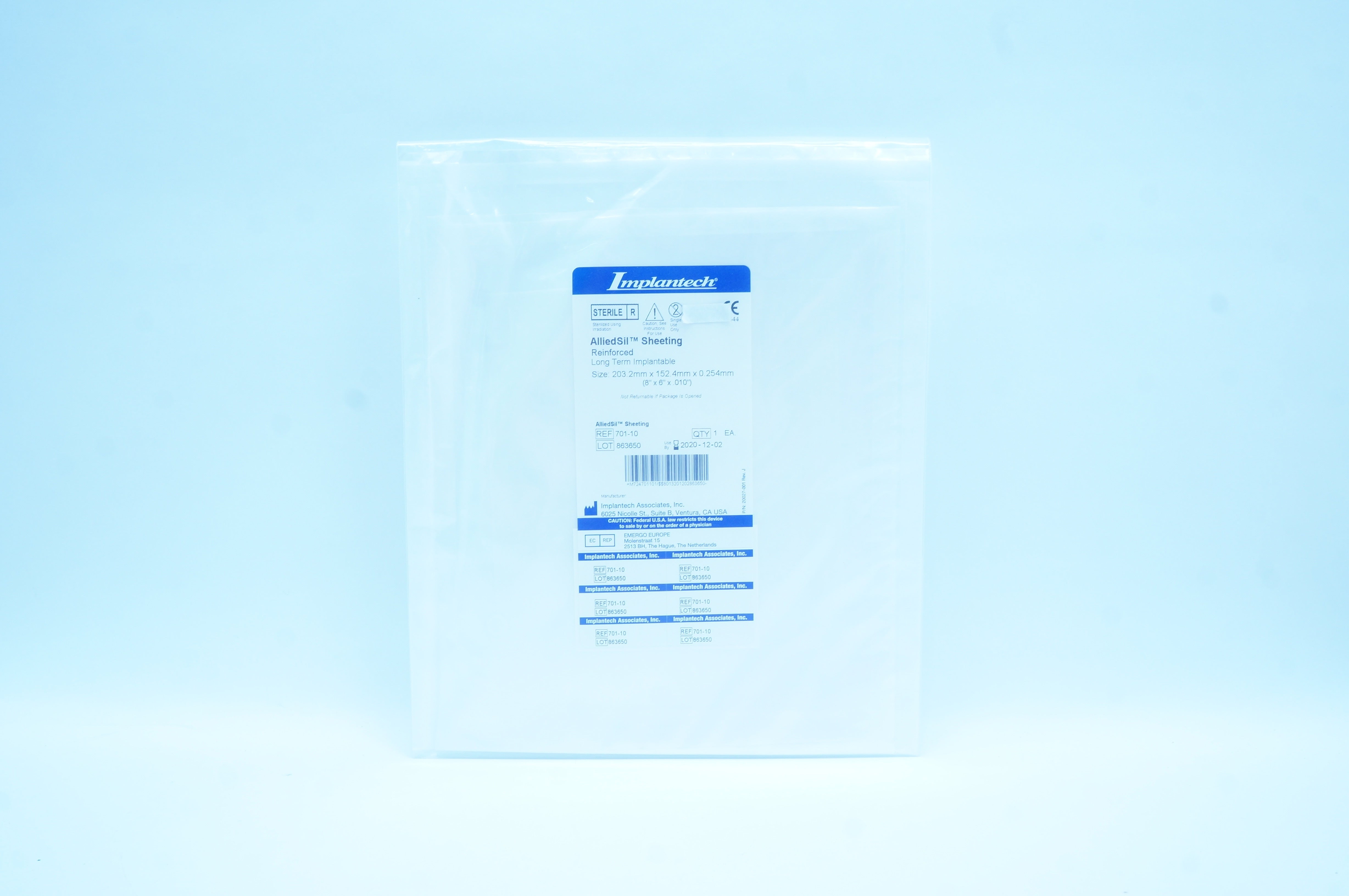 Implantech 701-10 AlliedSil Sheeting Reinforced, Size: 8 x 6 x .010 inch