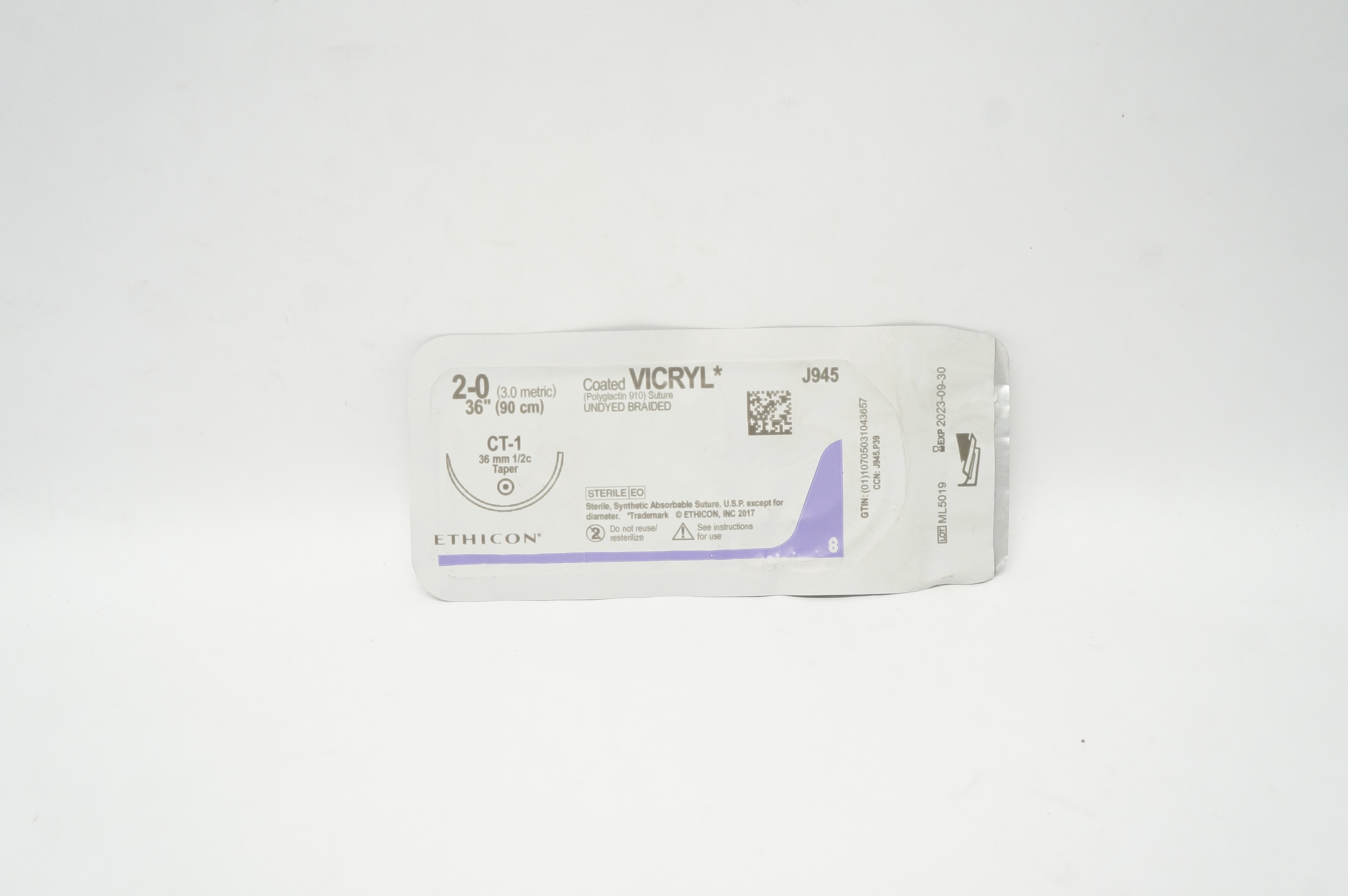 Ethicon J945 2-0 Coated VICRYL CT-1 36mm 1/2c Taper 36 inch
