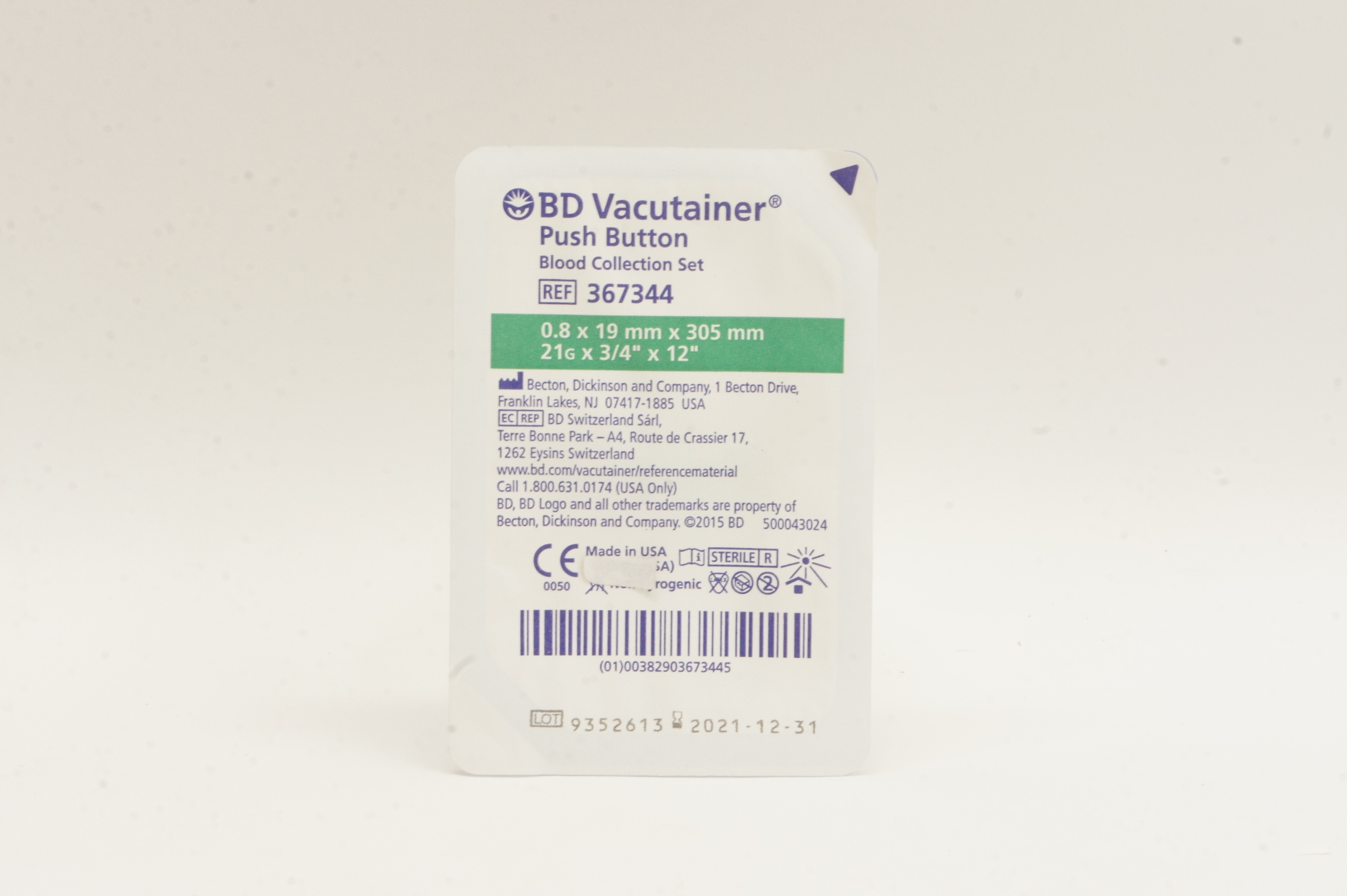 BD 367344 Vacutainer Push Button Blood Collection Set 21G x 3/4inch x 12inch (x)