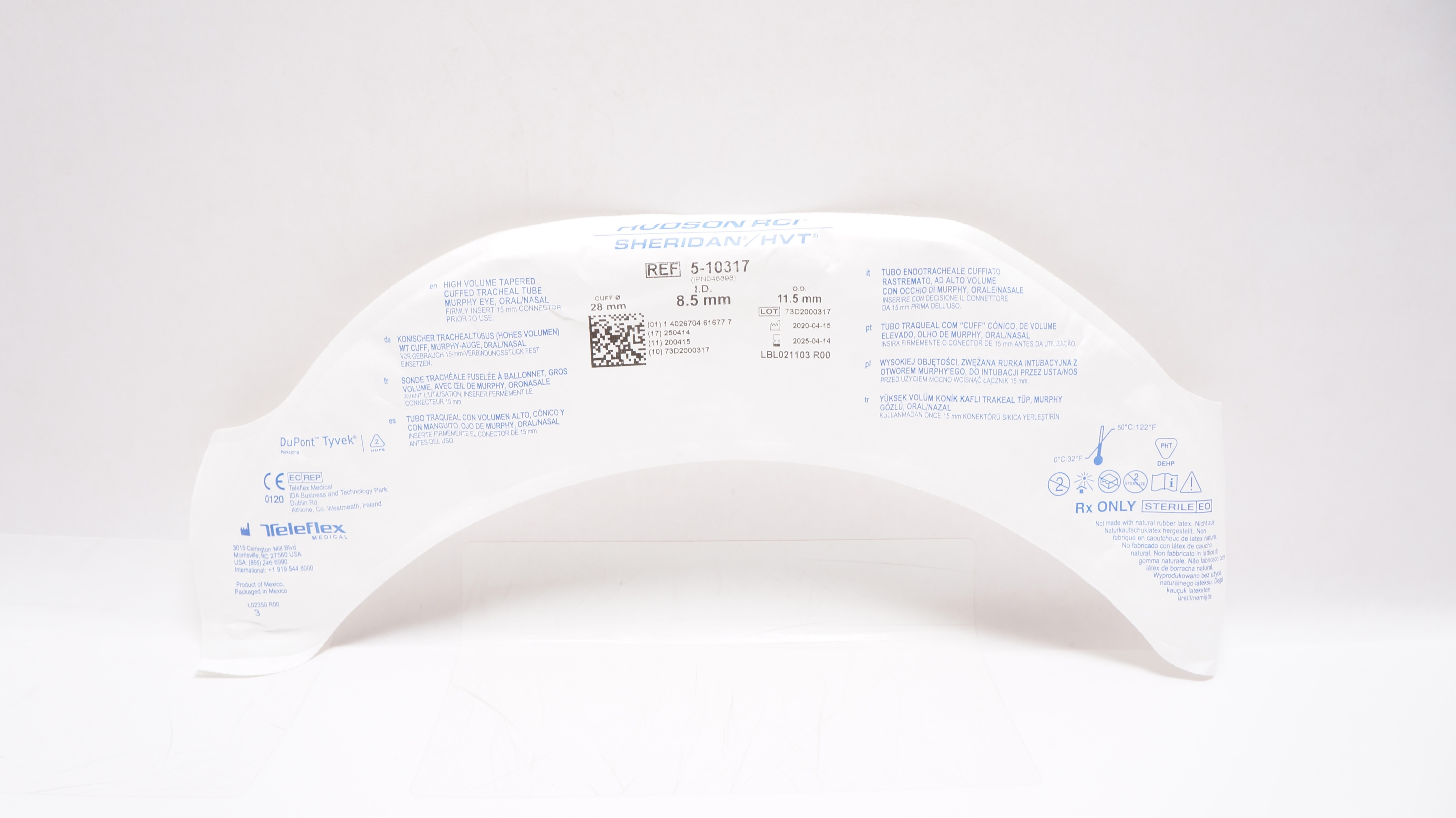 Teleflex 5-10317 Hudson RCI Tapered Cuffed Tracheal Tube 8.5 ID x 11.5 OD x 28mm