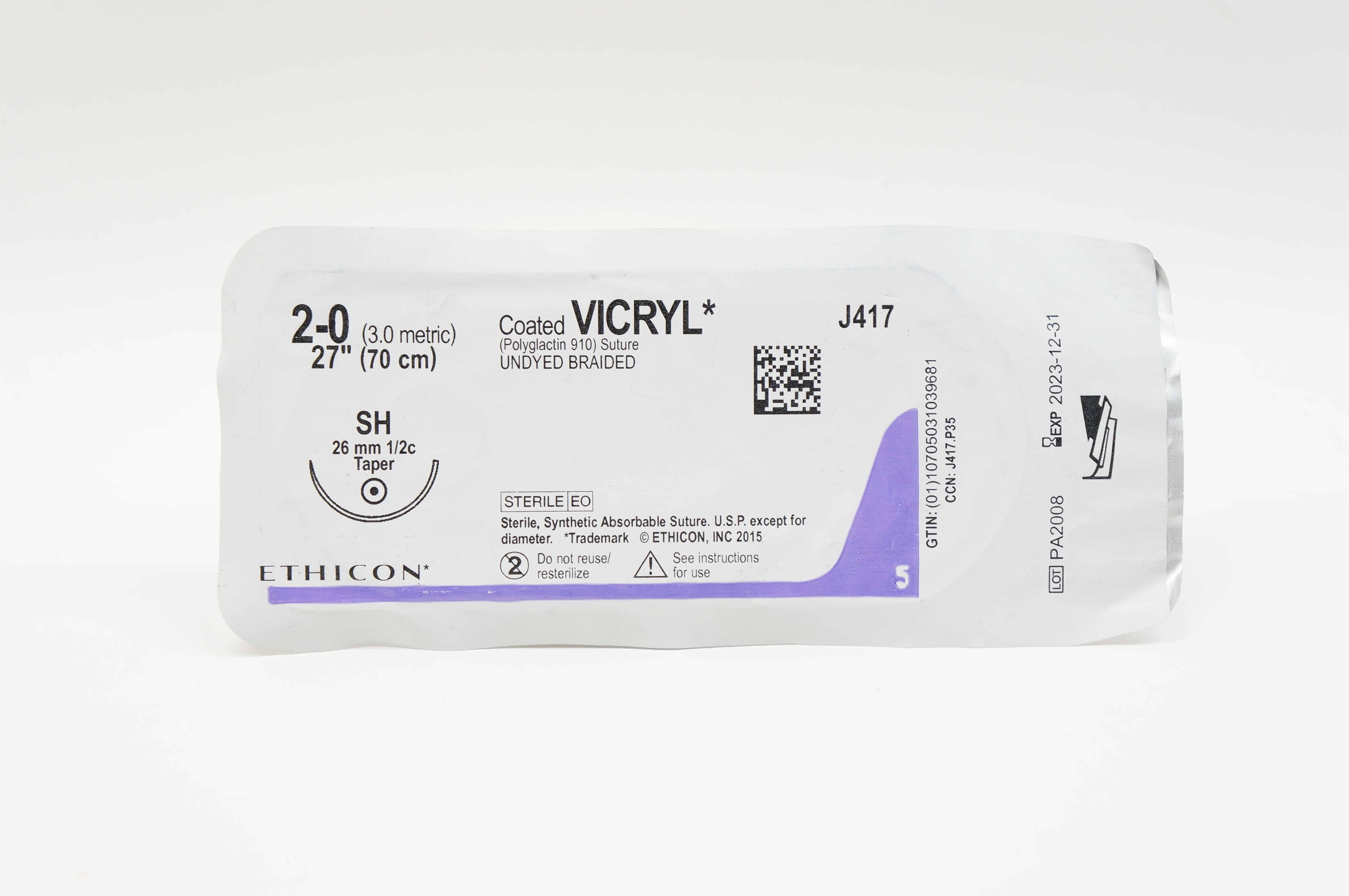 Ethicon J417 2-0 VICRYL, SH, 26mm 1/2c Taper, 27inch
