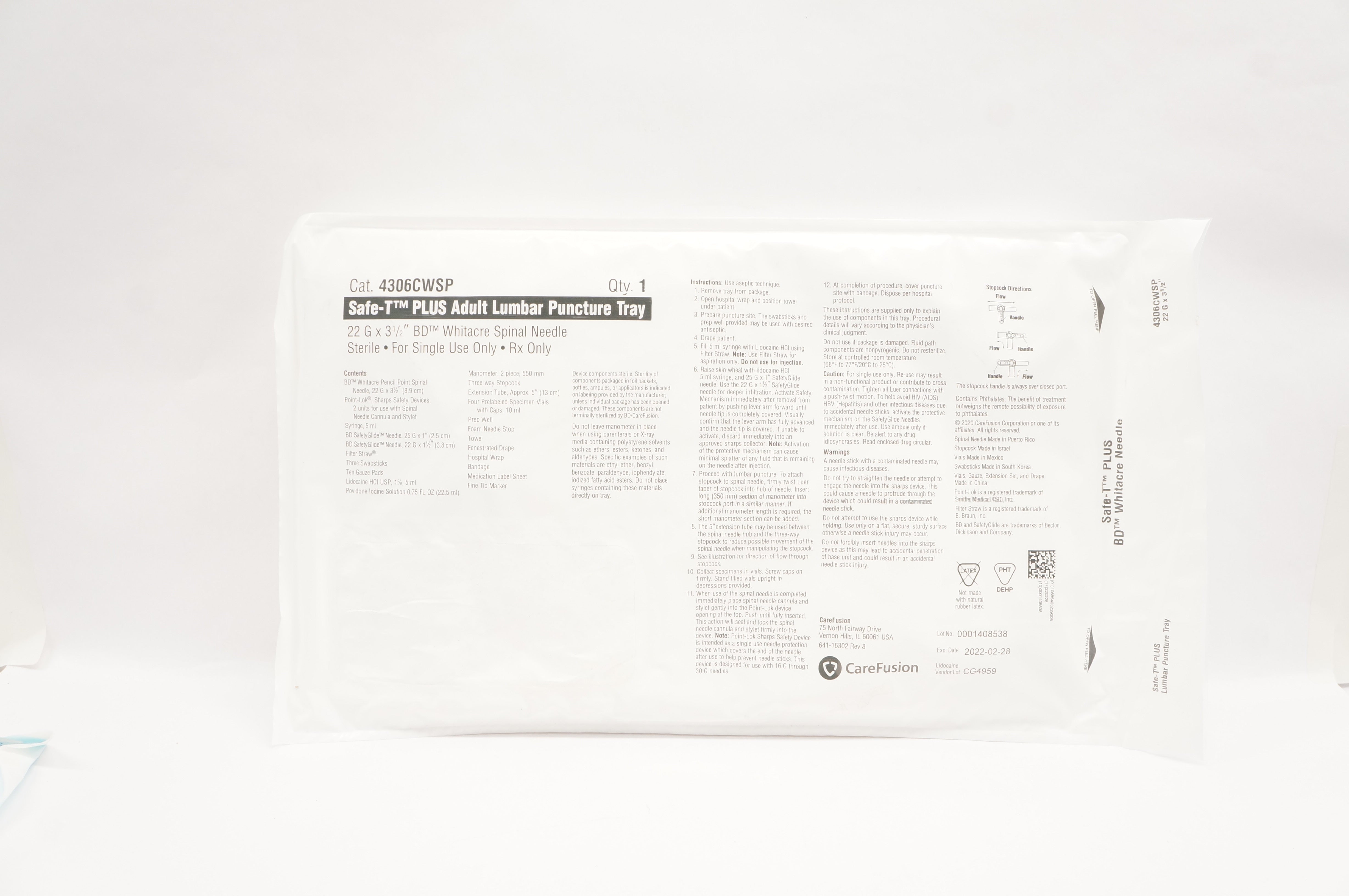 CareFusion 4306CWSP Safe-T Plus Adult Lumbar Puncture Tray 22G x 3-1/2inch (x)