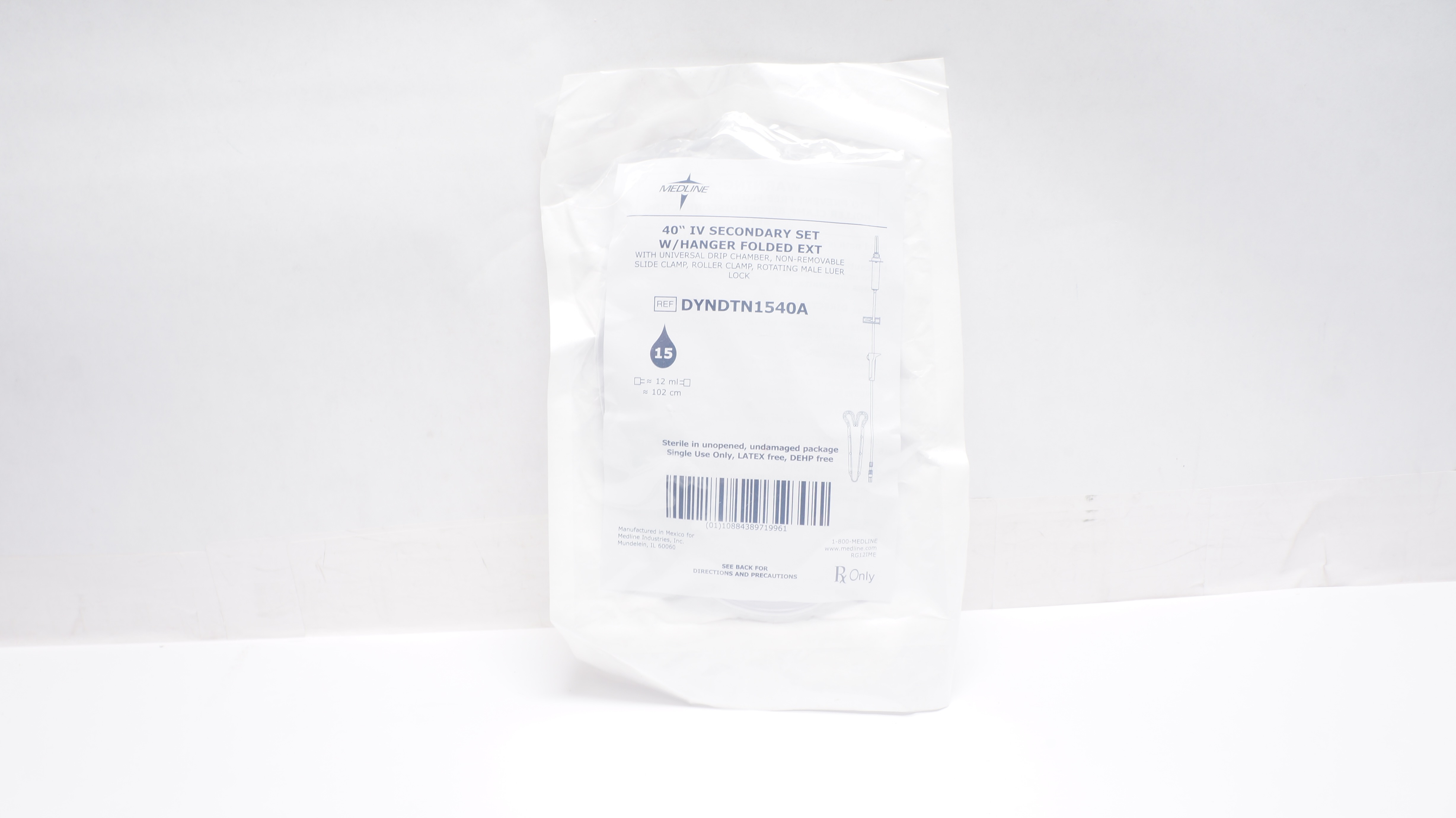 Medline DYNDTN1540A IV Secondary Set w/Hanger, 15 Drops/mL, 40inch