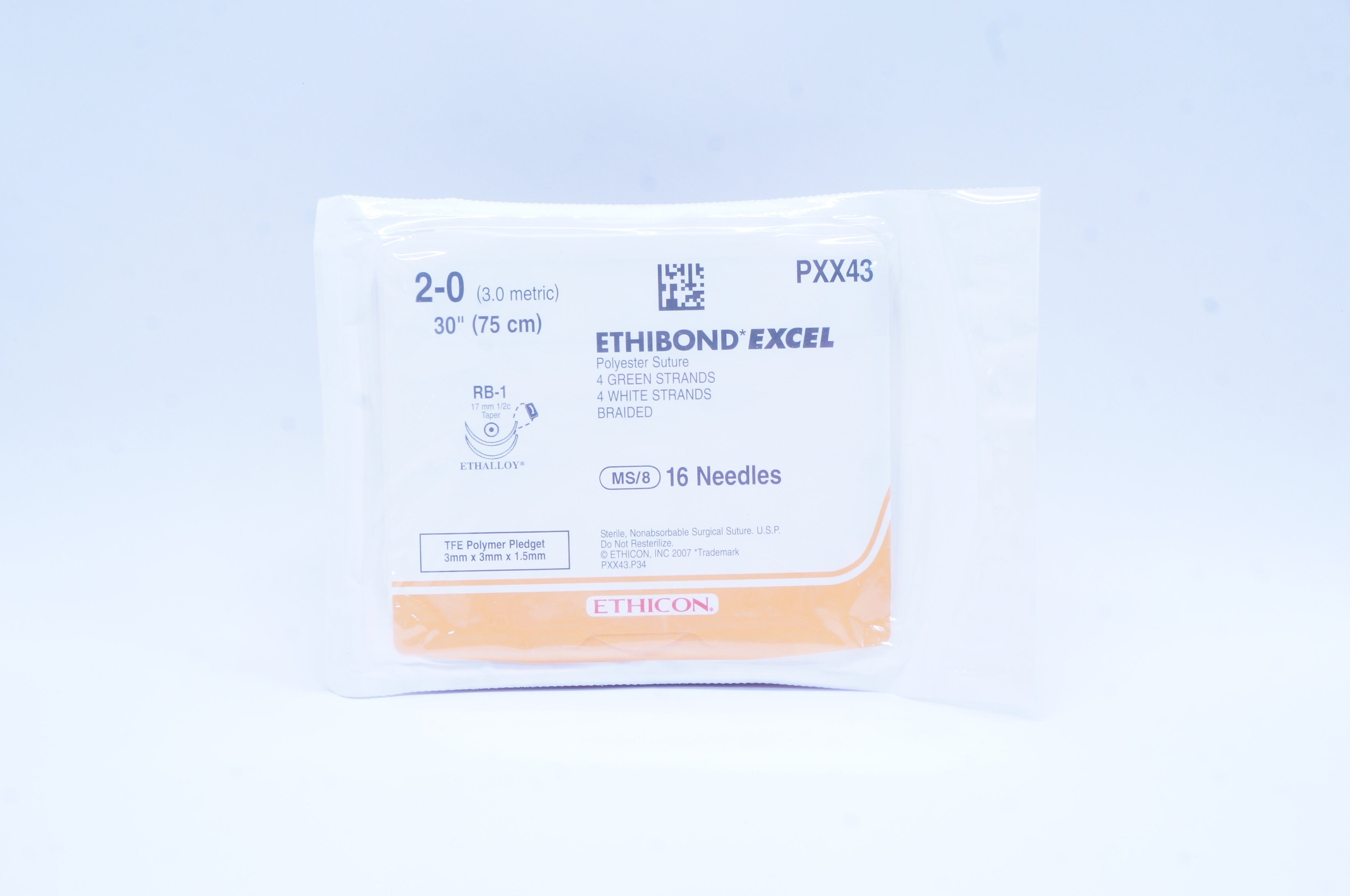 Ethicon PXX43 2-0 Ethibond Excel Polyester Stre RB-1 17mm 1/2c Taper 30in. (x)