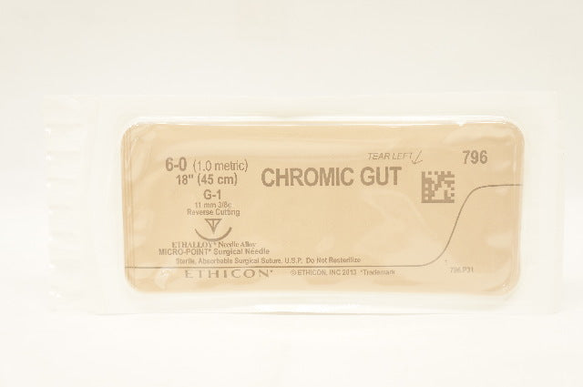 Ethicon 796 6-0 CHROMIC GUT SurgicalStre G-1 11mm 3/8c Reverse Cutting 18inch(x)