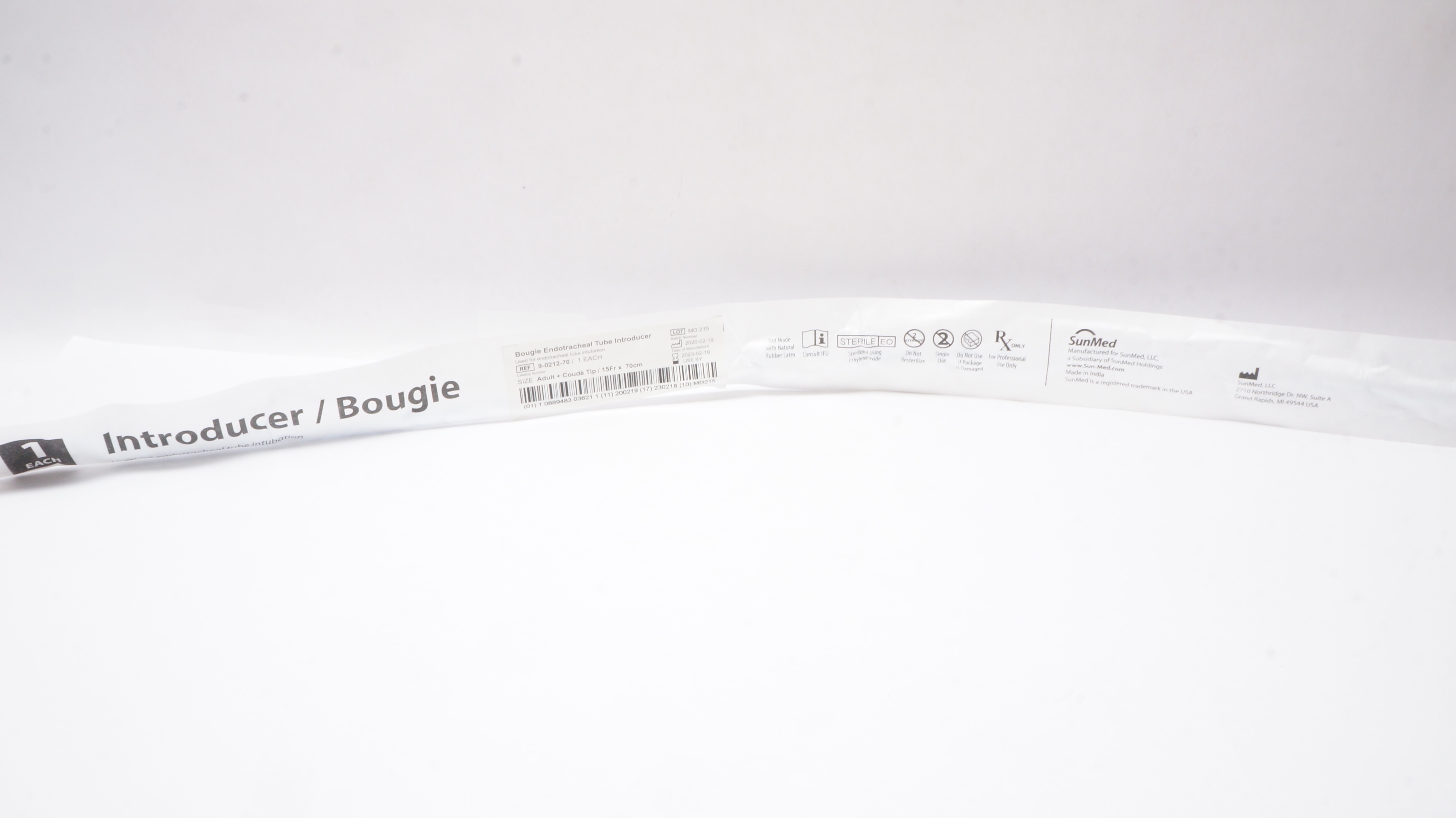 SunMed 9-0212-70 Bougie Endotracheal Tube Introducer Adult w/Coude Tip 15Frx70cm