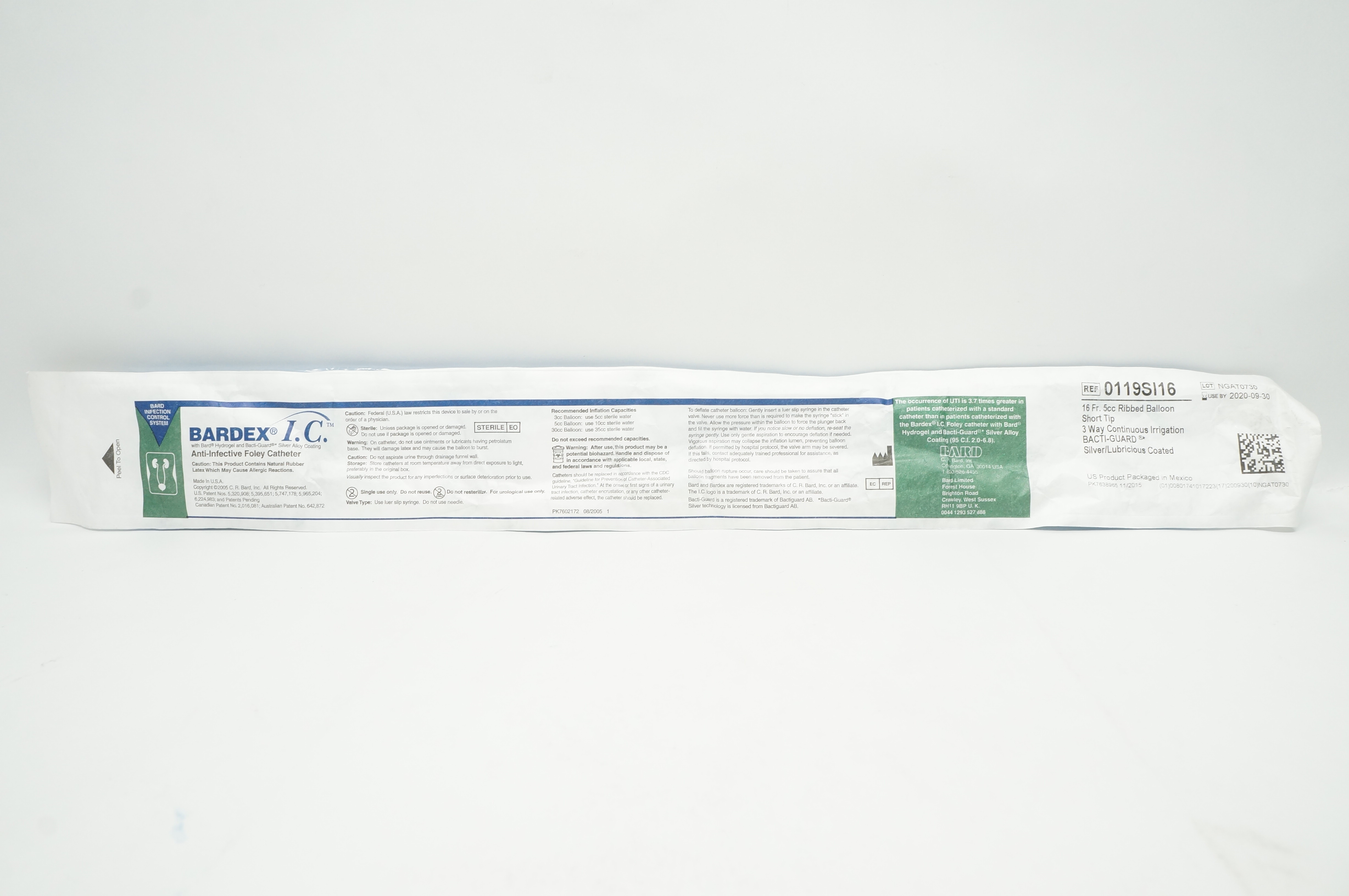 Bard 0119SI16 Bardex I.C. Anti-Infective Foley Cath. 16Fr 5cc Ribbed Balloon (x)