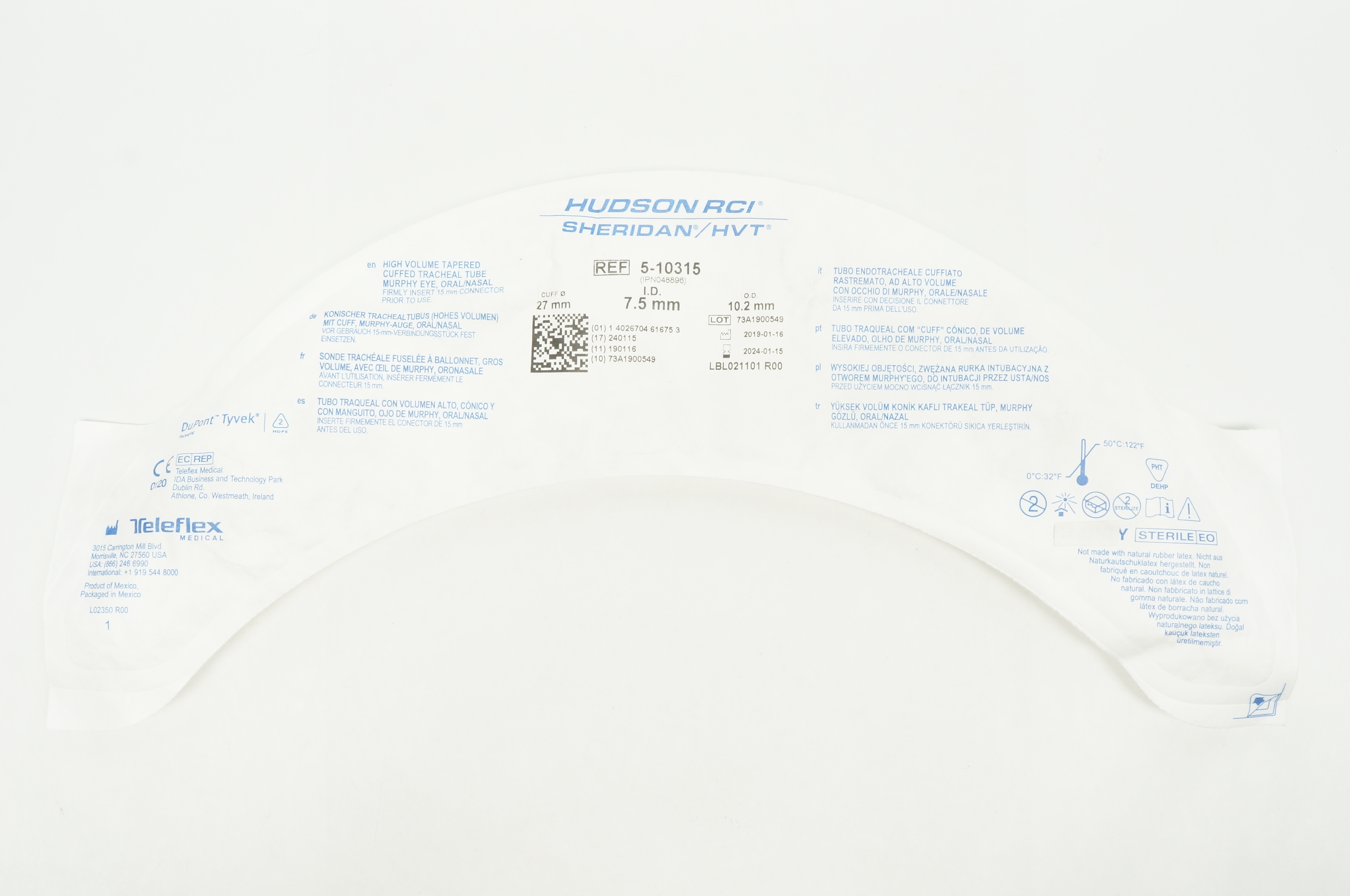 Teleflex 5-10315 Hudson RCI Sheridan HVT Cuffed Tracheal Tube 7.5 x 10.2 x 27mm