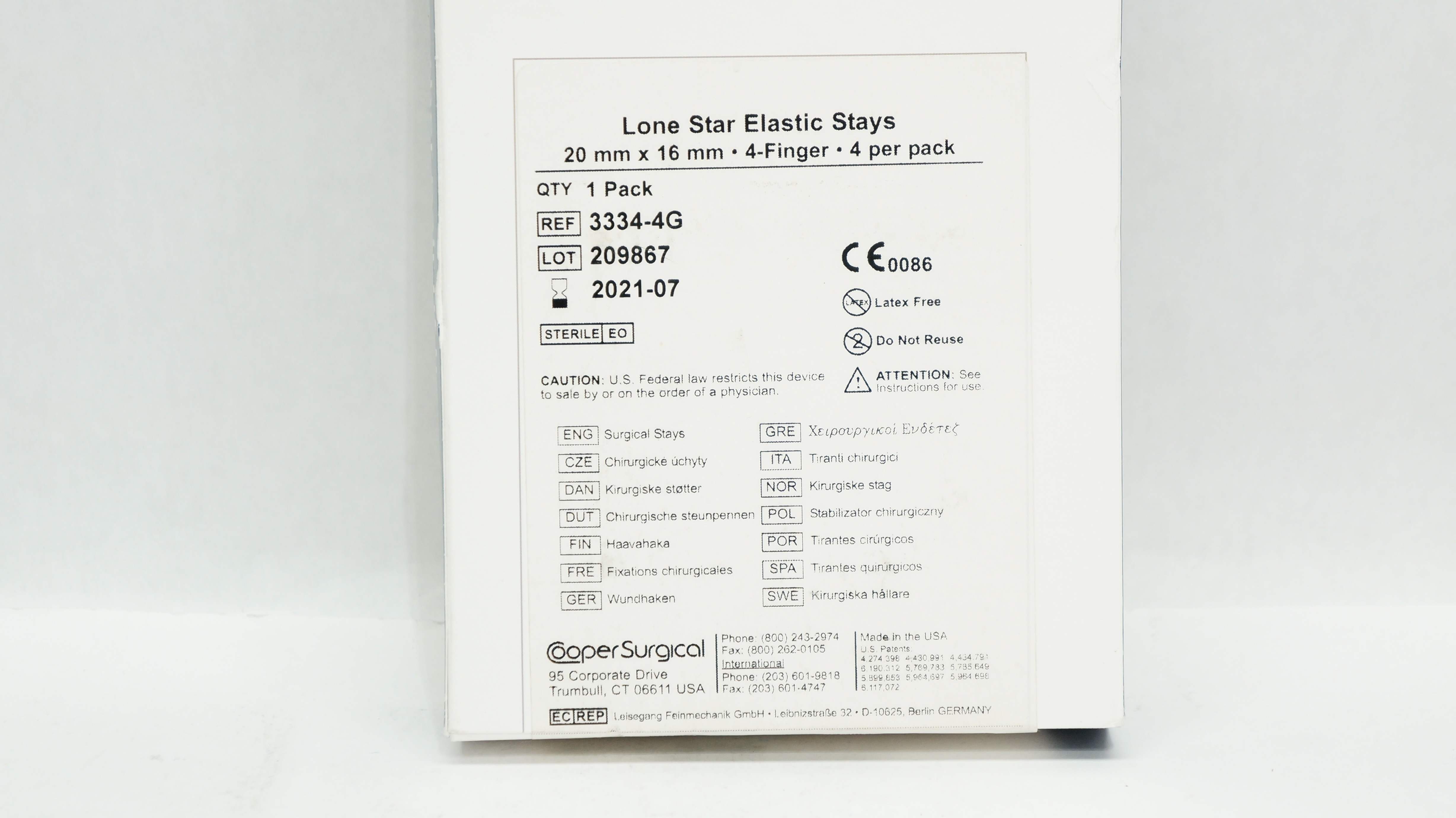 Cooper Surgical 3334-4G Lone Star Elastic Stays 20 x 16mm 4-Finger (x)-Pack of 4
