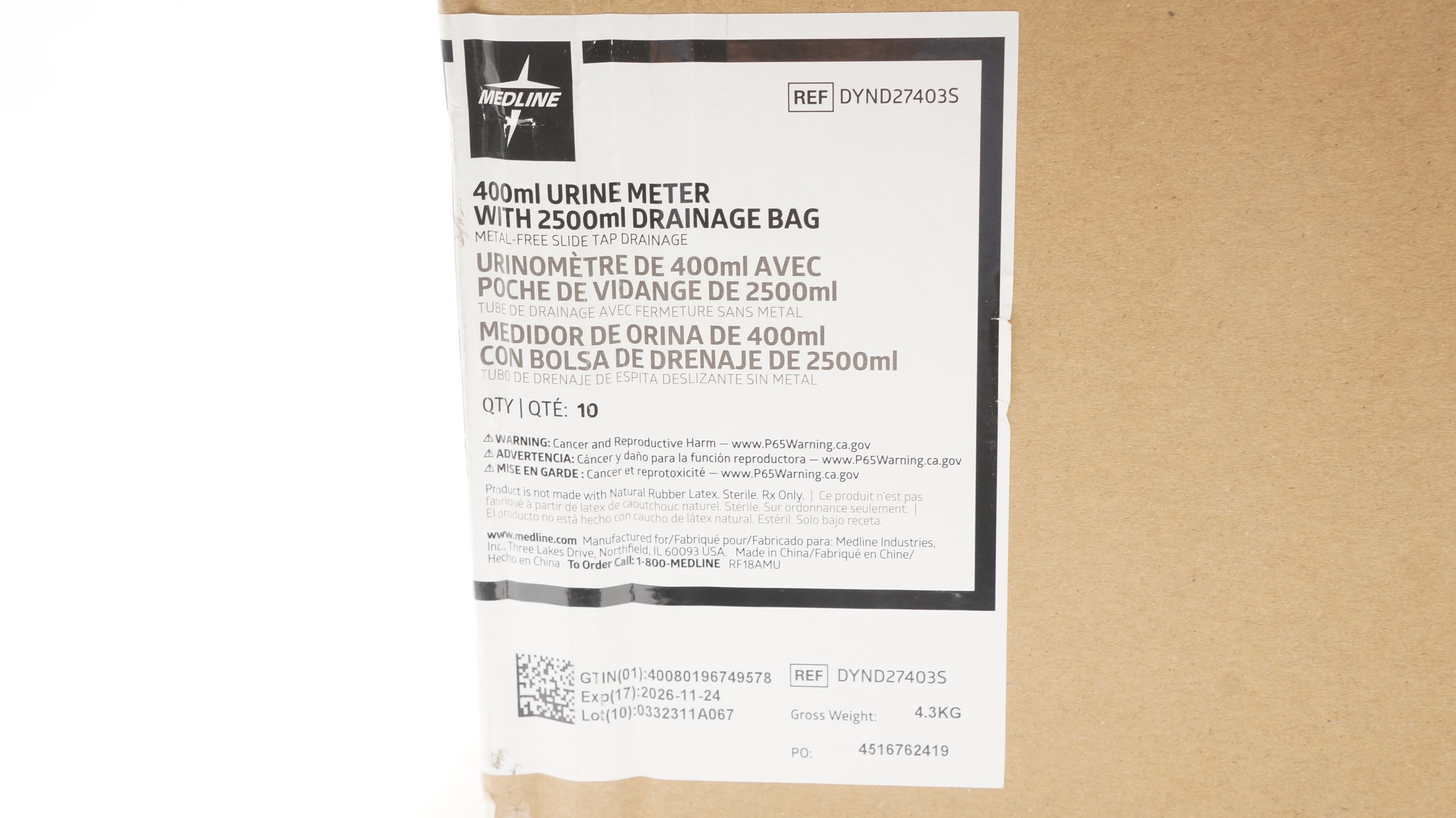 Medline DYND27403S 400mL Urine Meter with Drainage Bag 2500mL - Box of 10