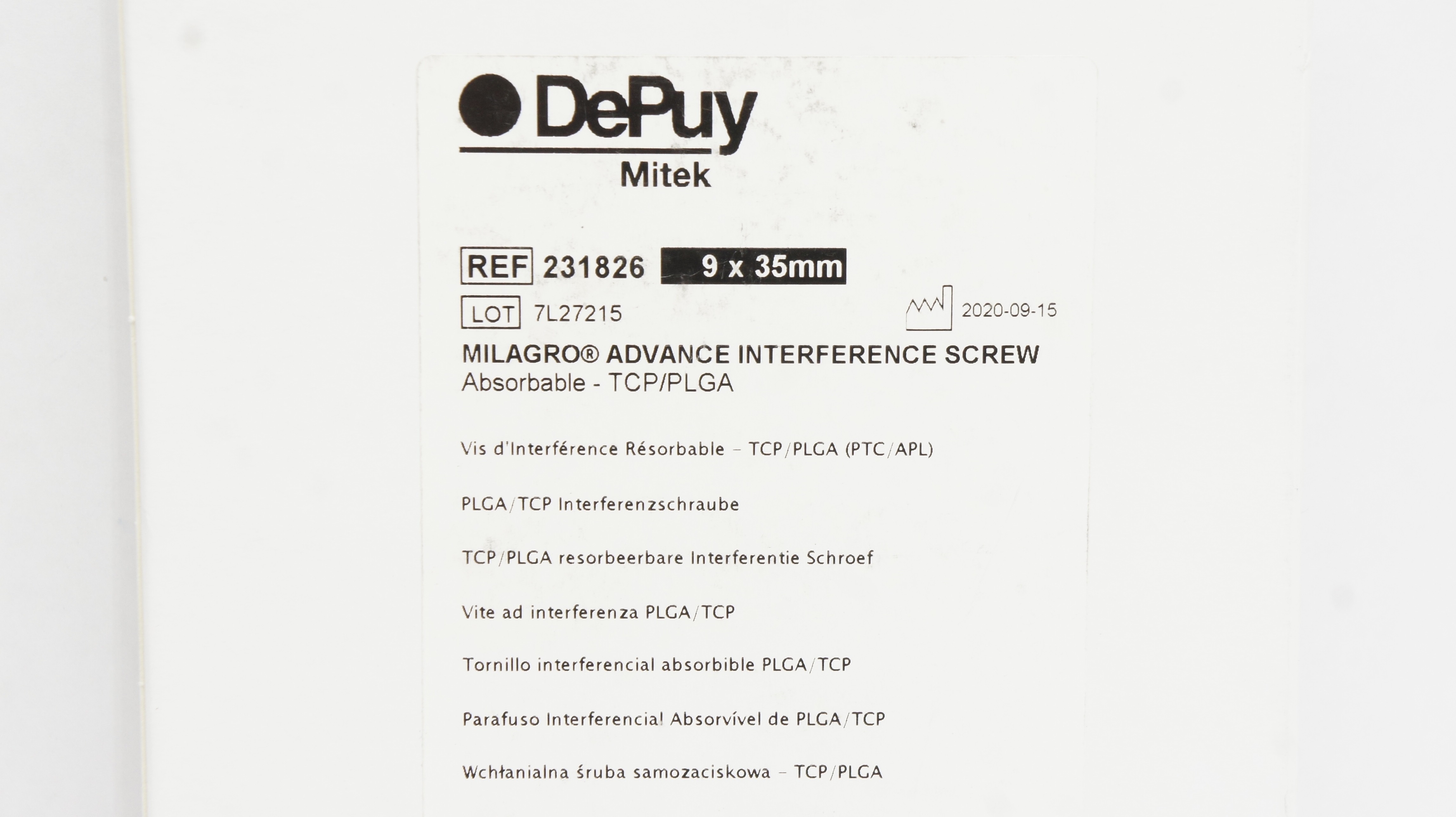 DePuy 231826 Mitek Milagro Advance Interference Screw 9 x 35mm (x)