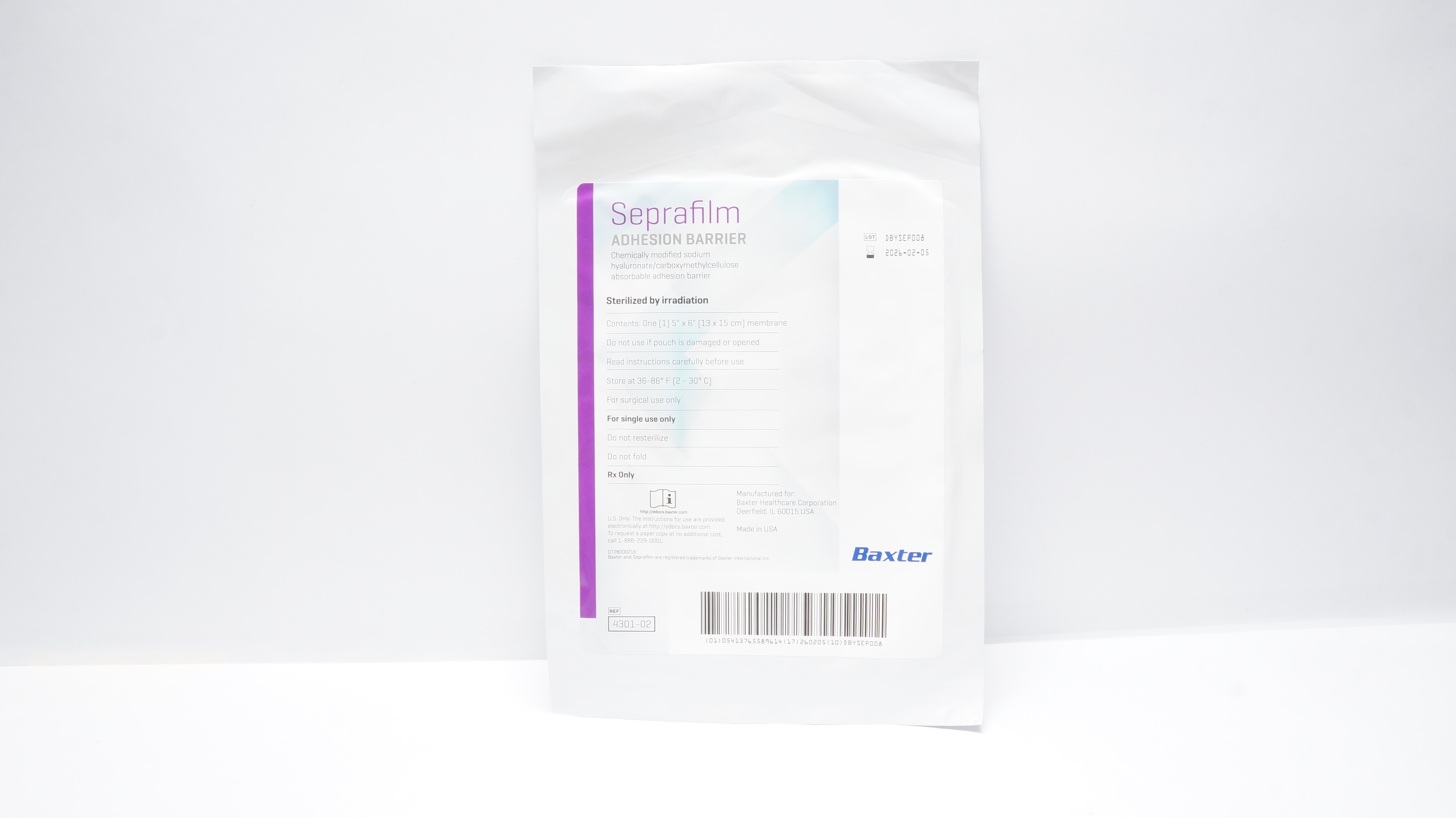 Baxter 4301-02 Seprafilm Adhesion Barrier 5inch x 6inch Membrane