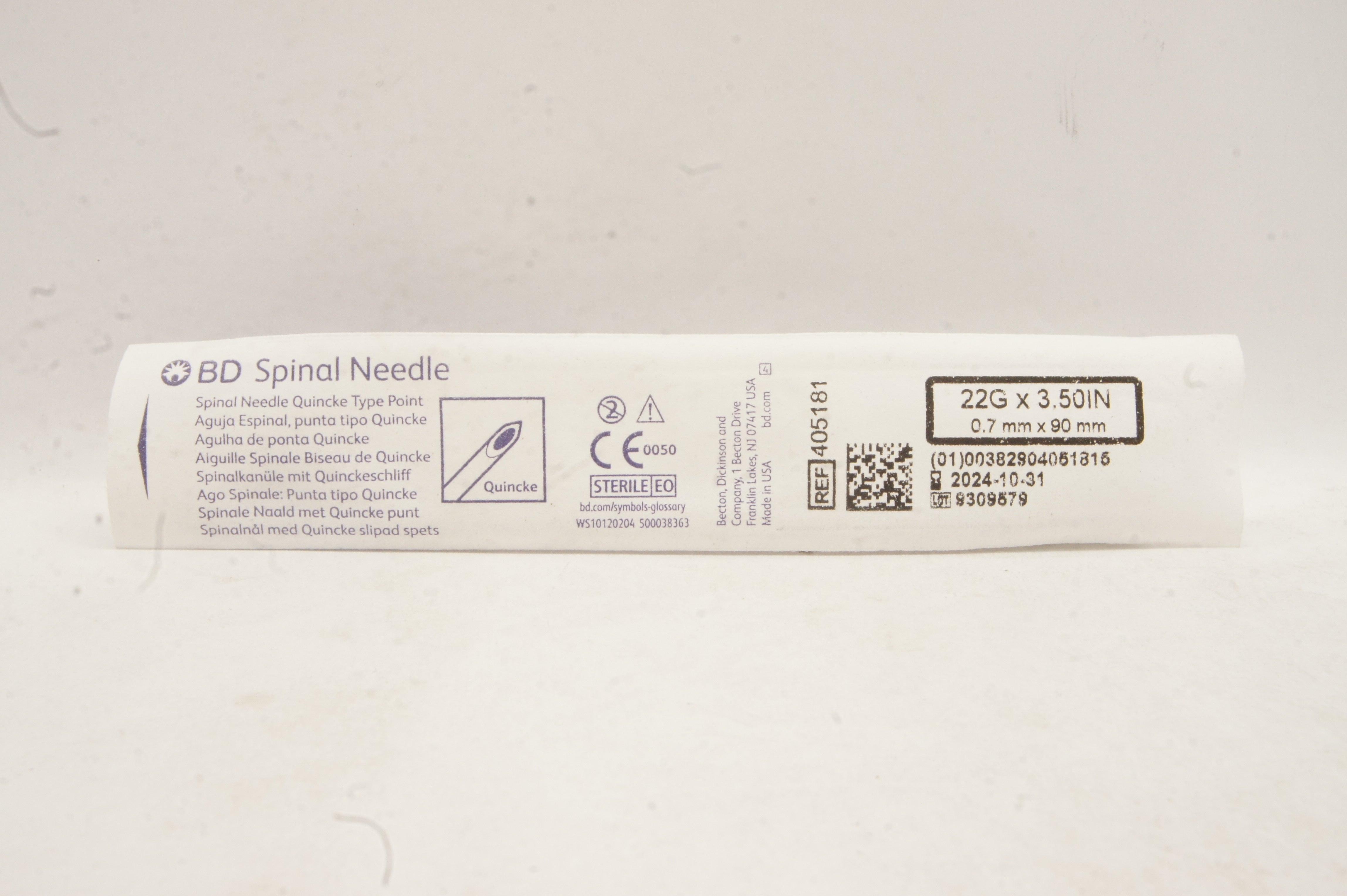 BD 405181 Becton Spinal Ndle. Quincke Type Point 22G x 3.50inch